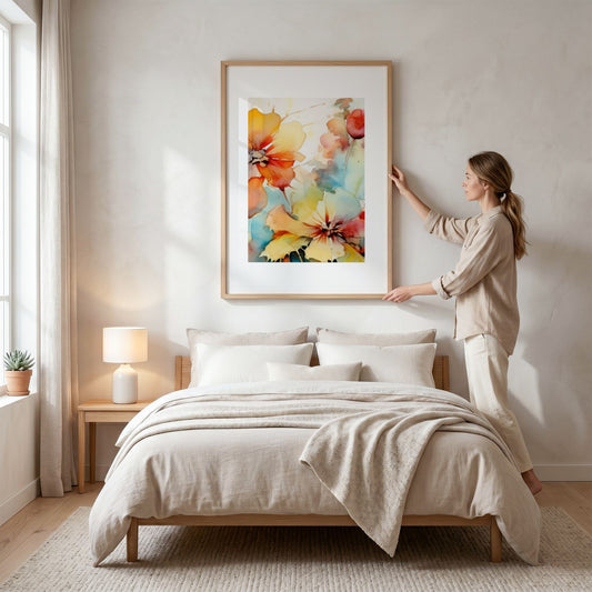 Soft Energy Bloom No2 blomsterplakat stylet over seng i lyst nordisk soverom