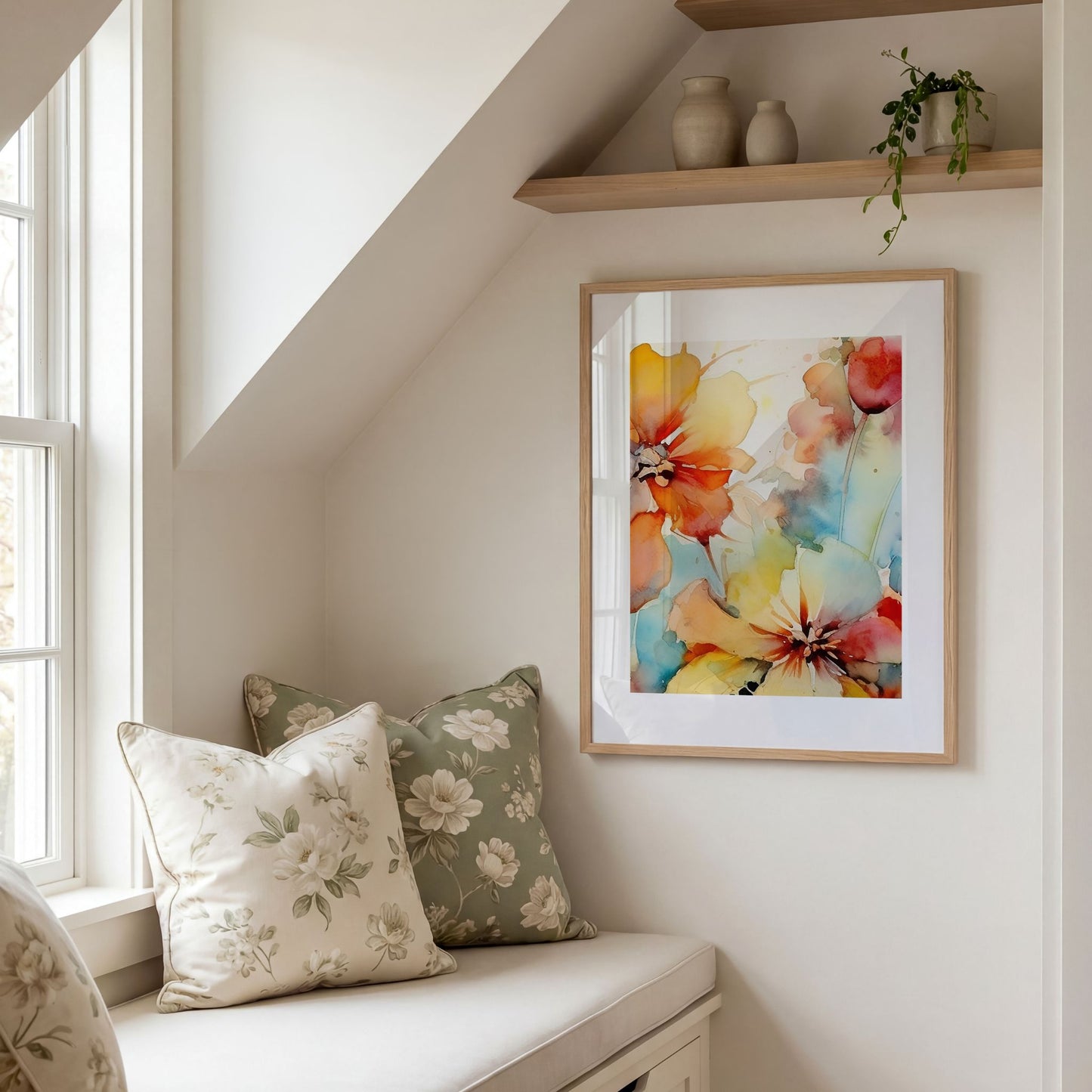 Soft Energy Bloom No2 moderne blomsterkunst i akvarellstil stylet i vindusnisje med myke naturtoner