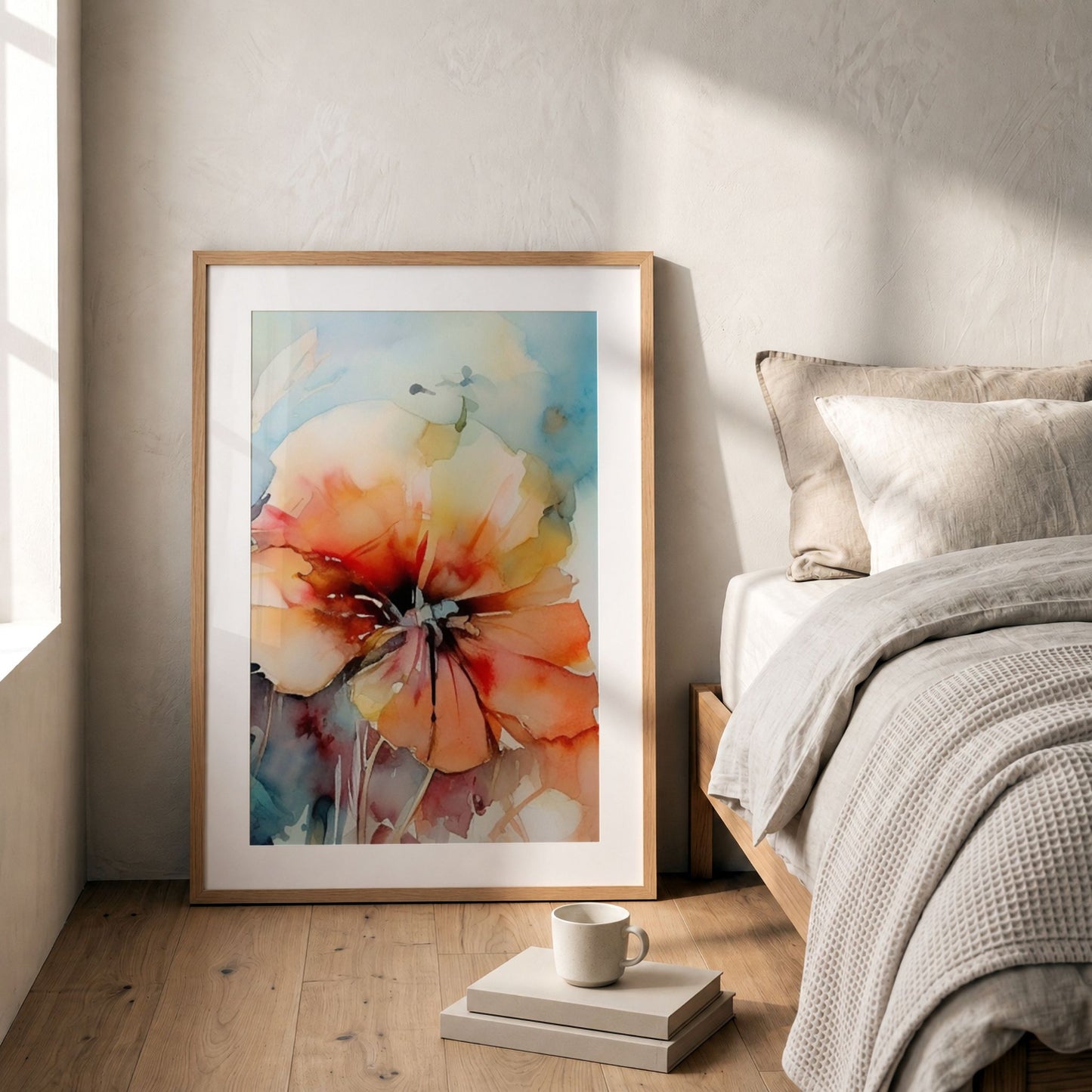 Soft Energy Bloom No3 blomsterplakat lent mot vegg ved seng i lyst og rolig soverom