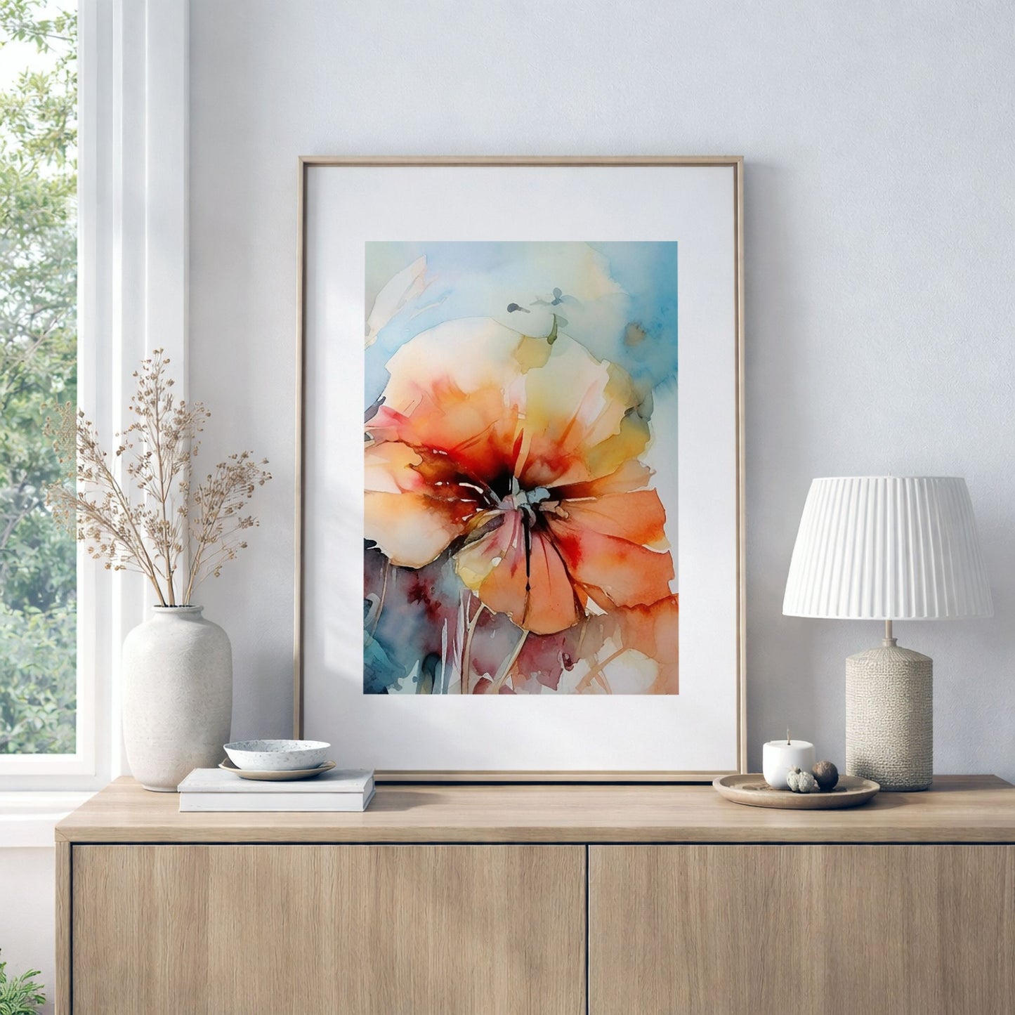 Soft Energy Bloom No3 akvarellplakat på kommode i moderne skandinavisk interiør