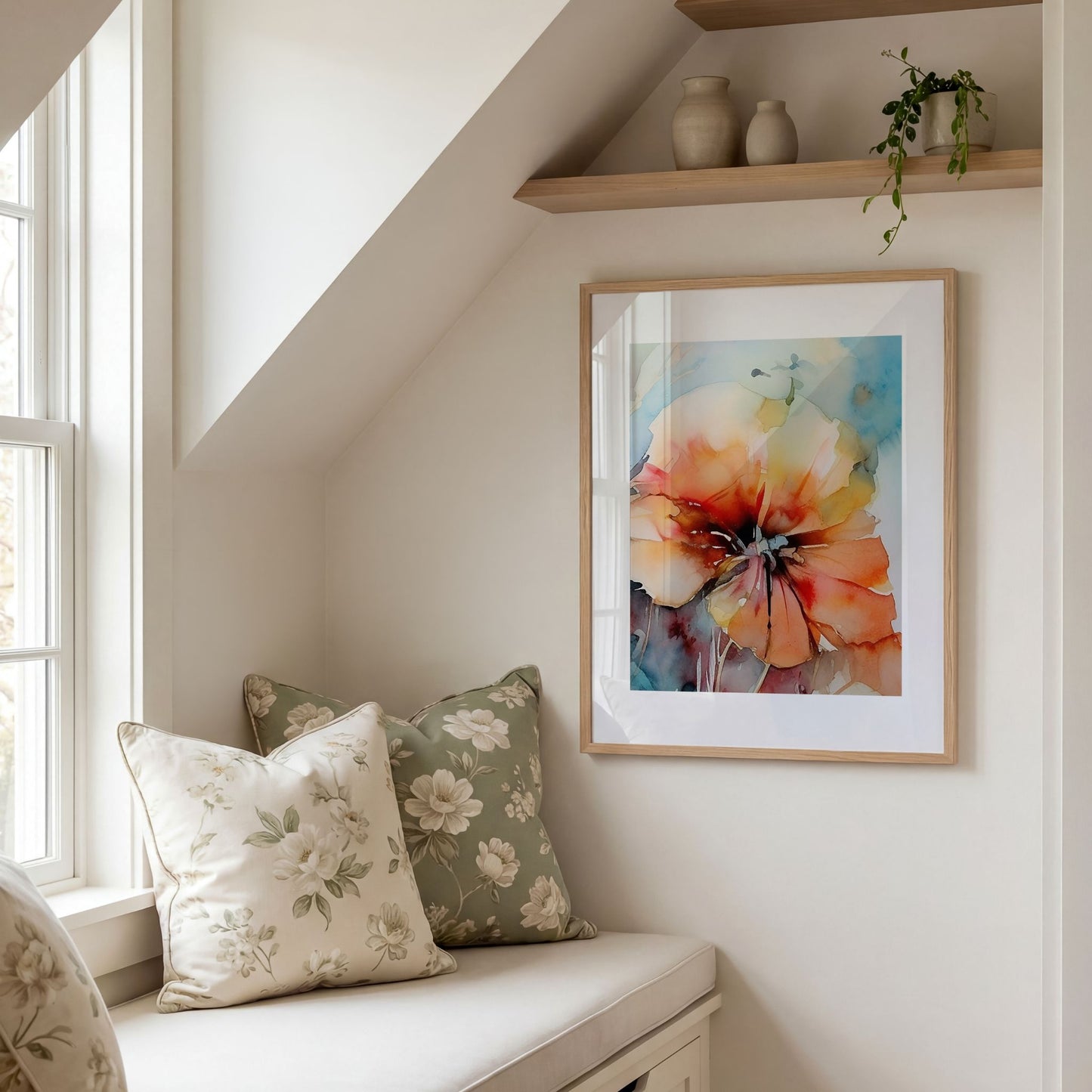 Soft Energy Bloom No3 moderne blomsterkunst i akvarellstil stylet i lys vindusnisje med naturtoner
