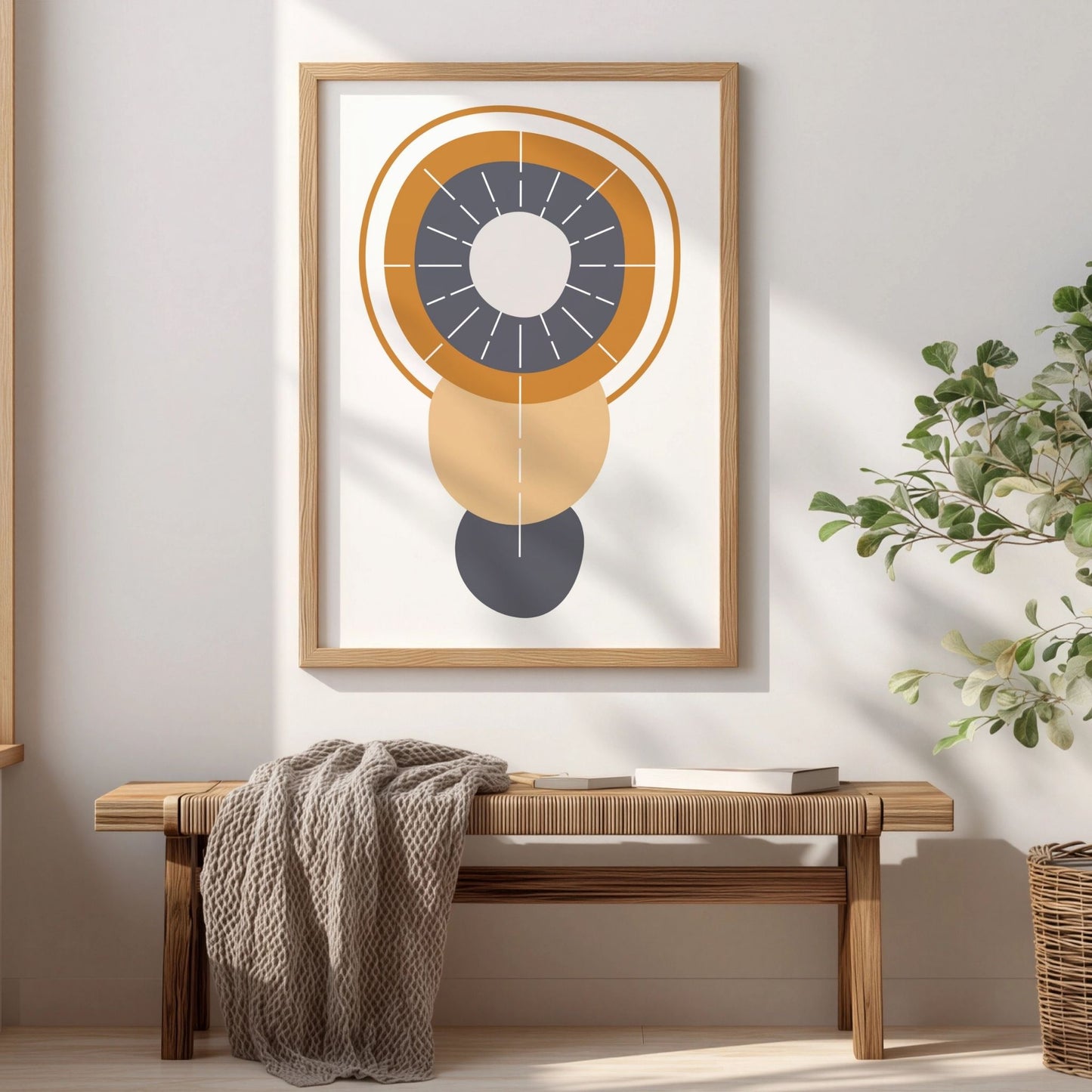 Solar Alignment Boho Wall Art-plakat i eikeramme over trebenk i lyst interiør