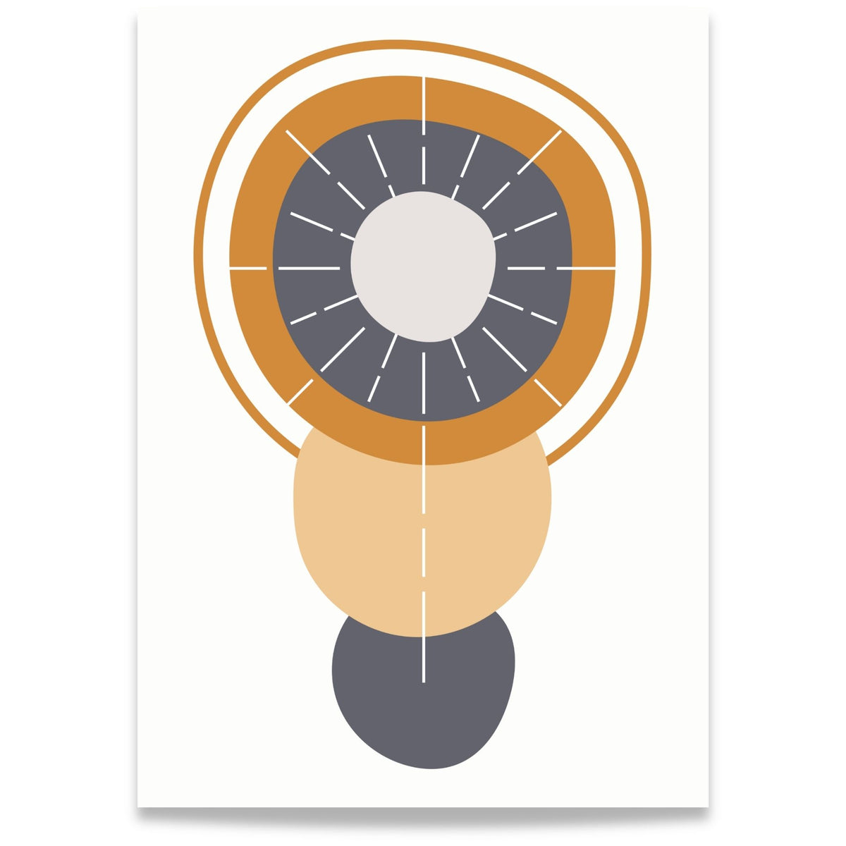Solar Alignment grafisk Boho Wall Art-plakat med geometriske sirkler i oker, sand og mørk grå