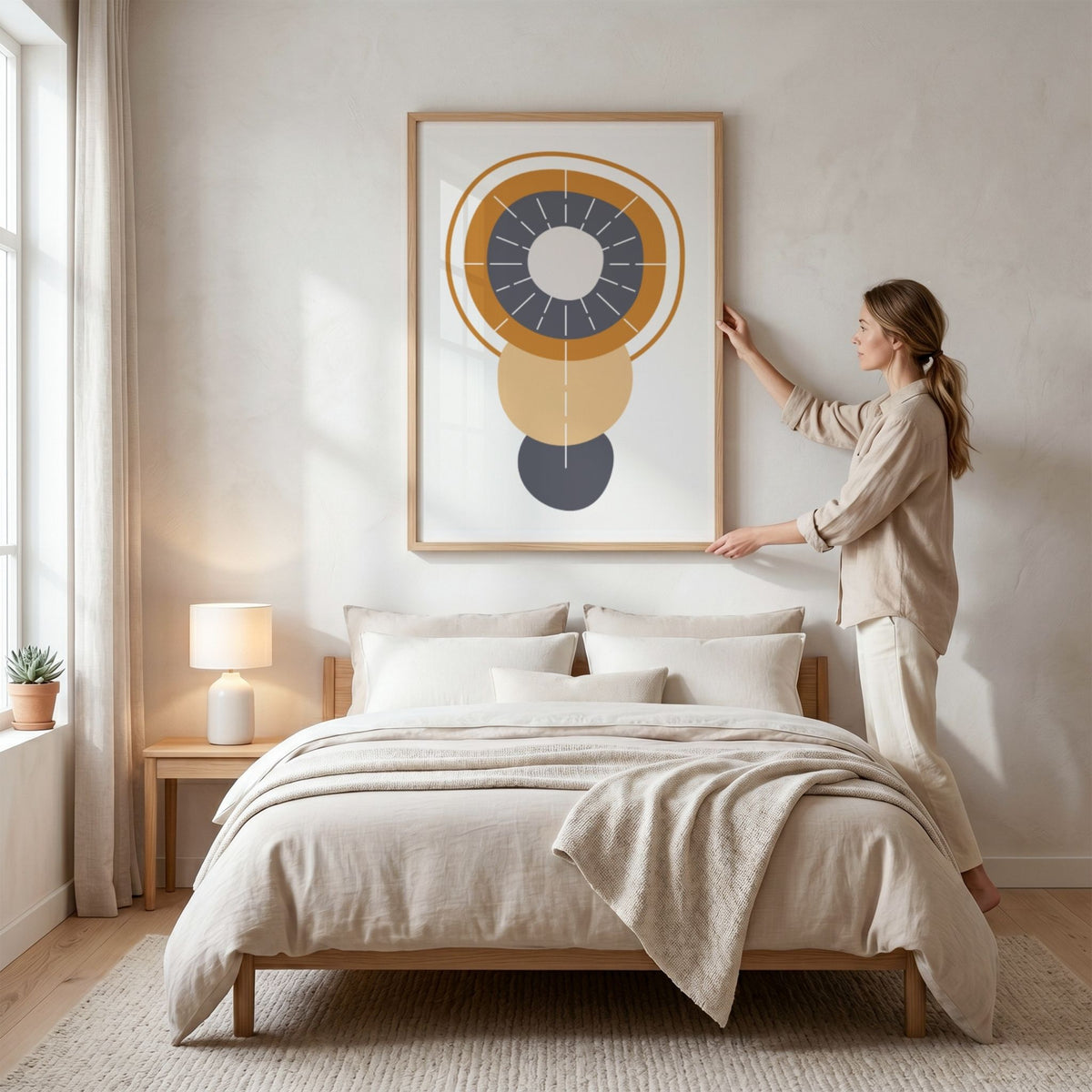 Solar Alignment Boho Wall Art-plakat i eikeramme over seng i lyst soverom
