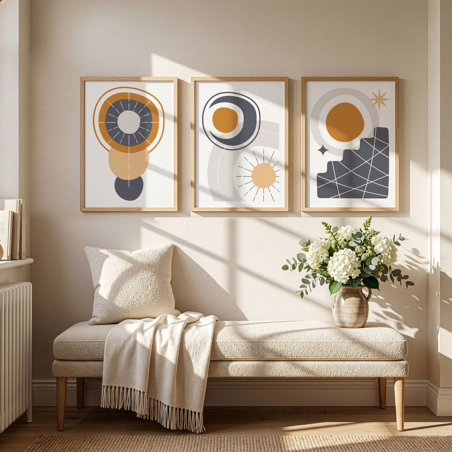 Solar Alignment, Orbit Flow og Solar Steps Boho Wall Art TRIO med eikerammer over benk