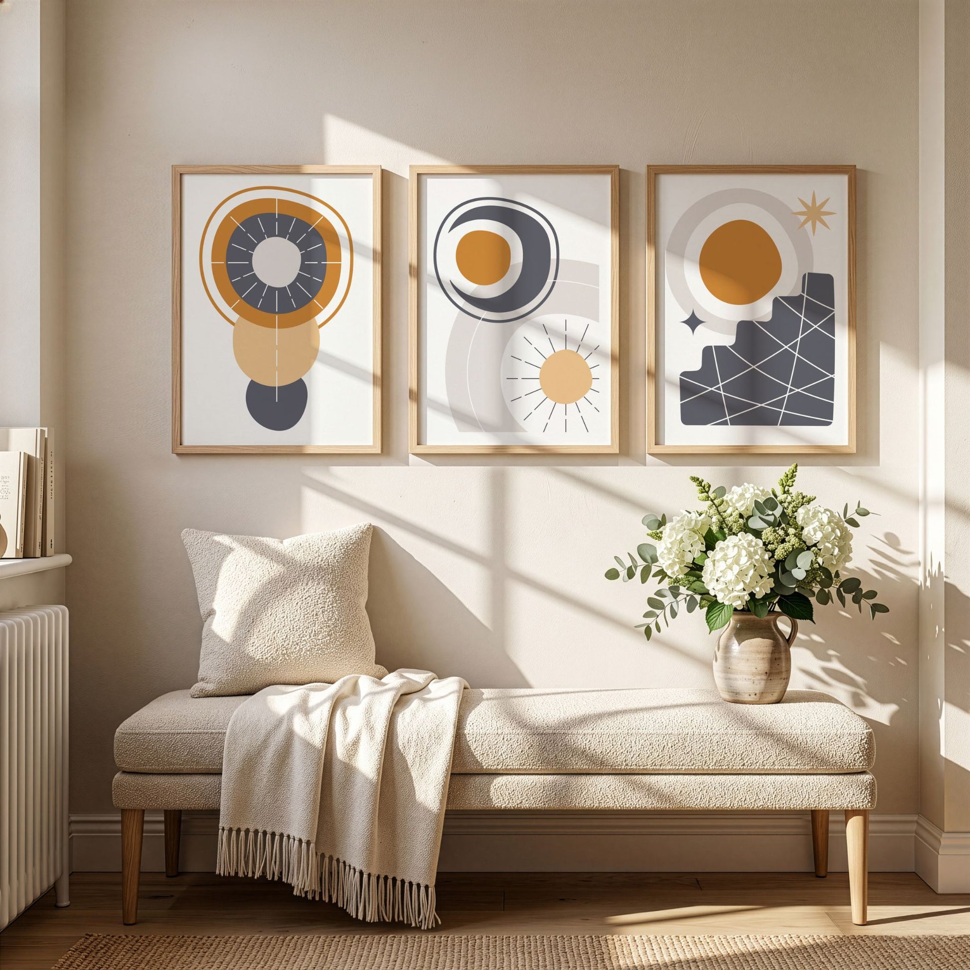 Solar Alignment, Orbit Flow og Solar Steps Boho Wall Art TRIO med eikerammer over benk
