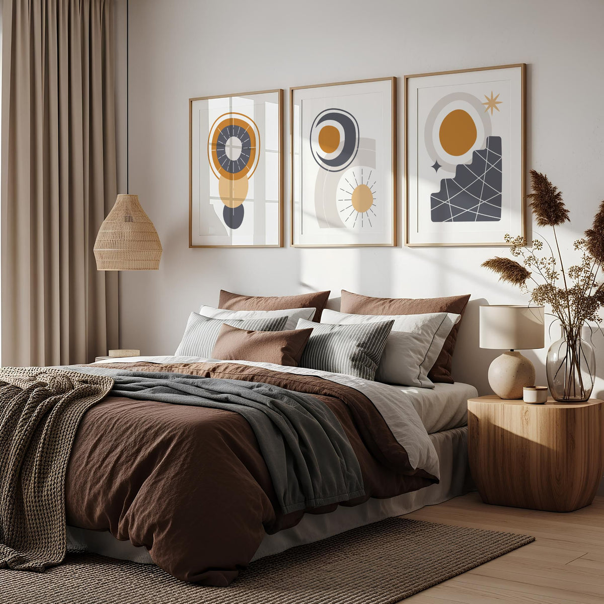 Solar Alignment, Orbit Flow og Solar Steps grafiske plakater i jordtoner over seng