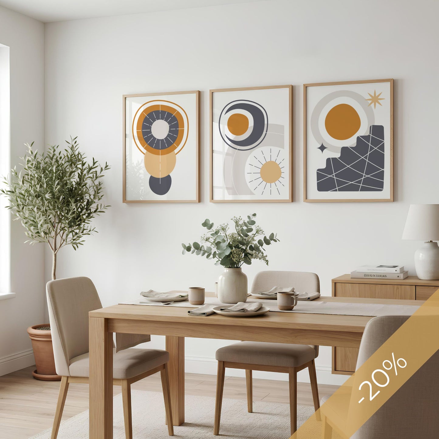Solar Alignment, Orbit Flow og Solar Steps grafisk plakat-trio over spisebord – 20 % rabatt
