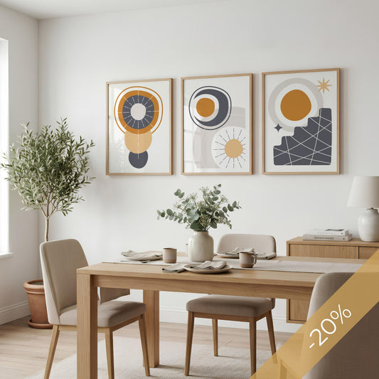 Solar Alignment, Orbit Flow og Solar Steps grafisk plakat-trio over spisebord – 20 % rabatt