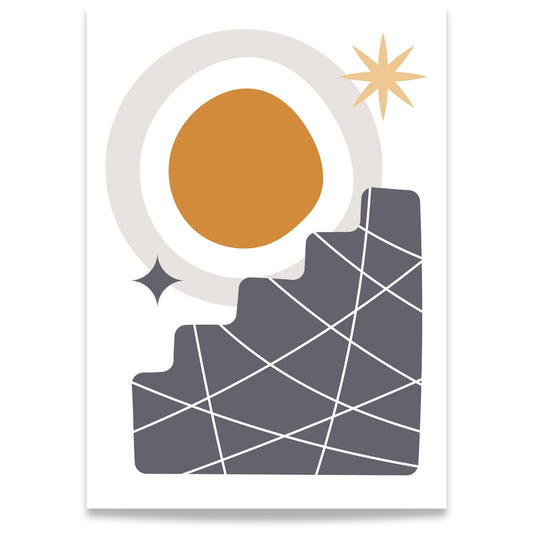 Solar Steps grafisk Boho Wall Art-plakat med abstrakte trinn, sol og stjerner i varme jordtoner og grått