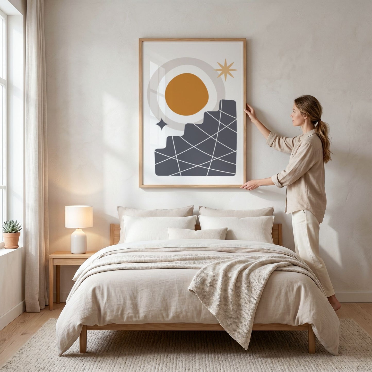 Solar Steps abstrakt Boho Wall Art-plakat i lyst nordisk soverom med eikeramme