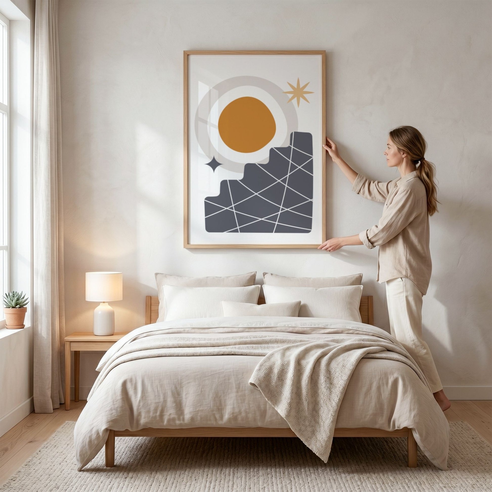 Solar Steps abstrakt Boho Wall Art-plakat i lyst nordisk soverom med eikeramme
