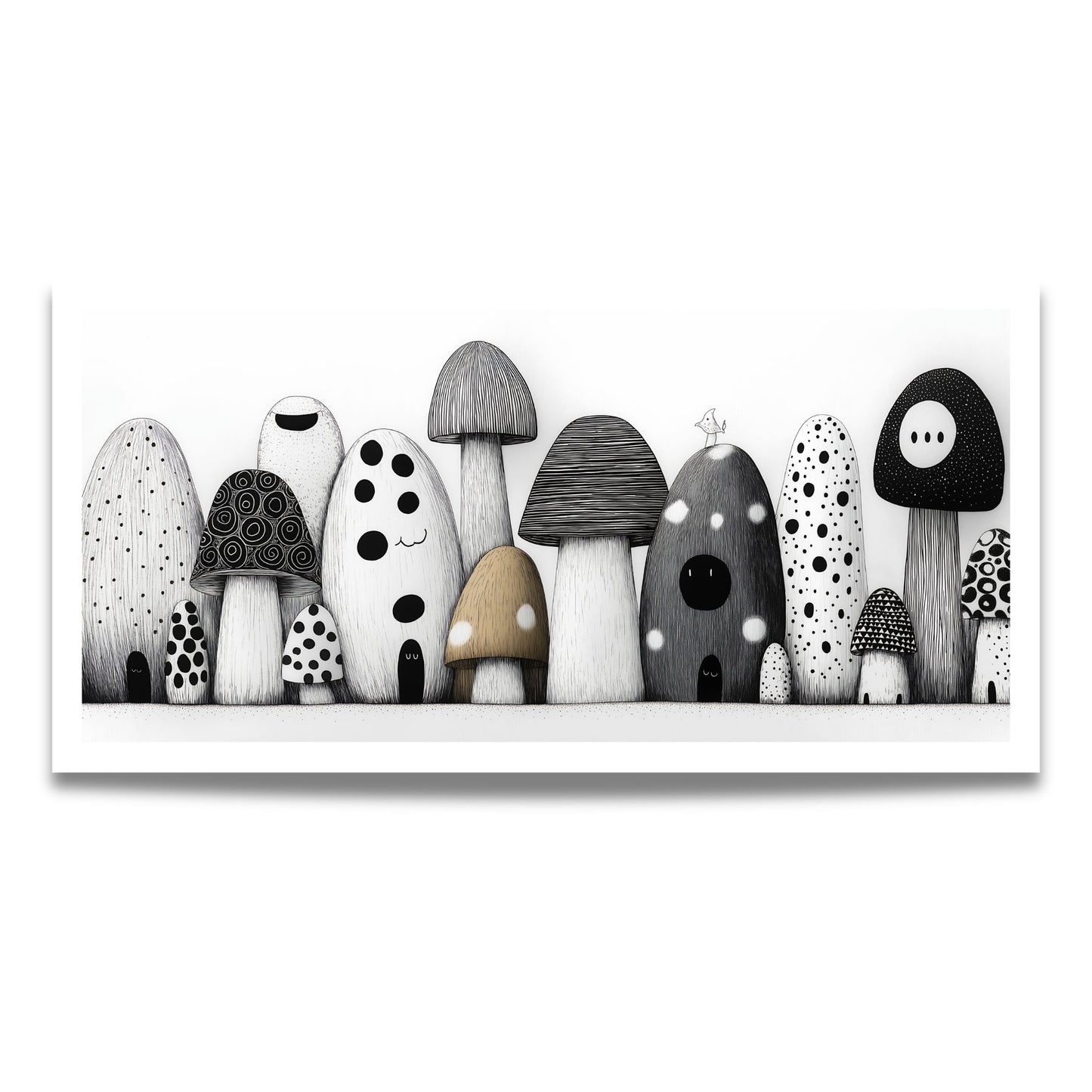 Soppunivers – minimalistisk sopp plakat i panoramformat med lekne illustrerte sopper i svart, hvitt og naturtoner.