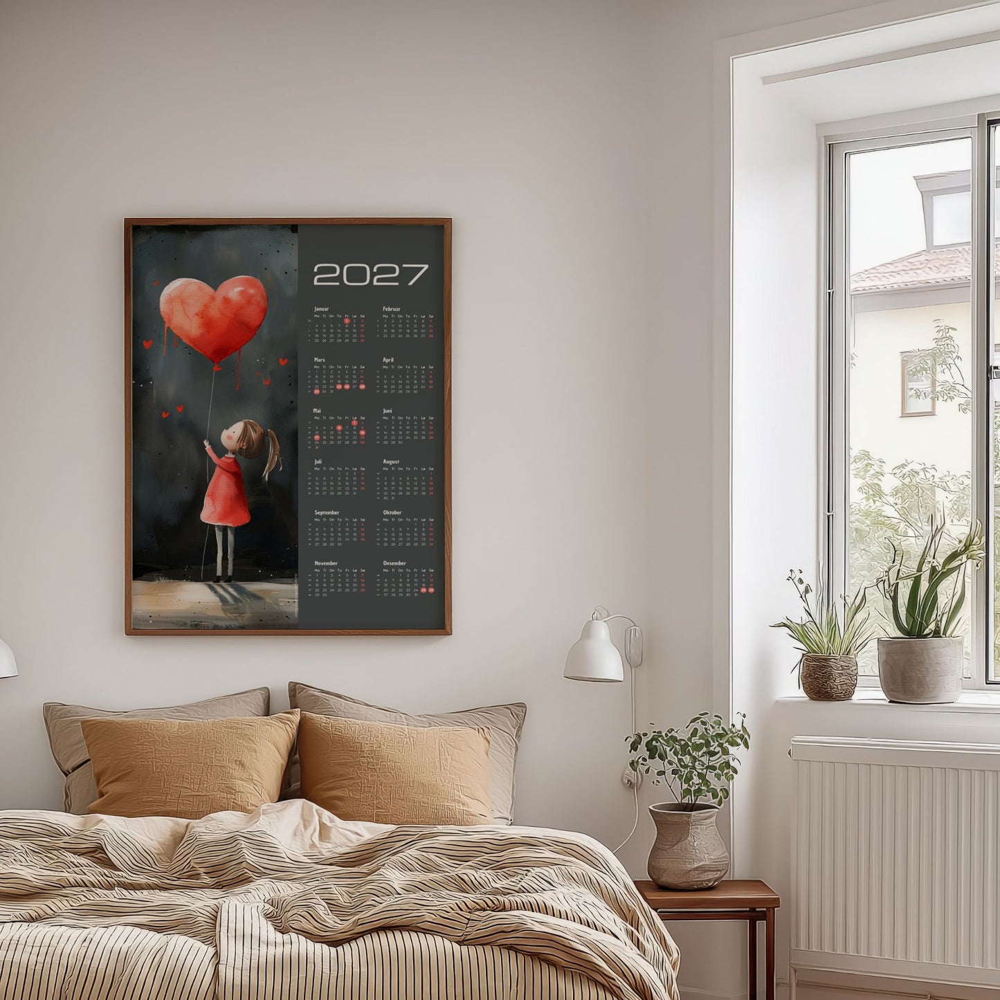 Kalender 2027 med hjerteballong i eikeramme på vegg i lyst soverom. Mørk bakgrunn.
