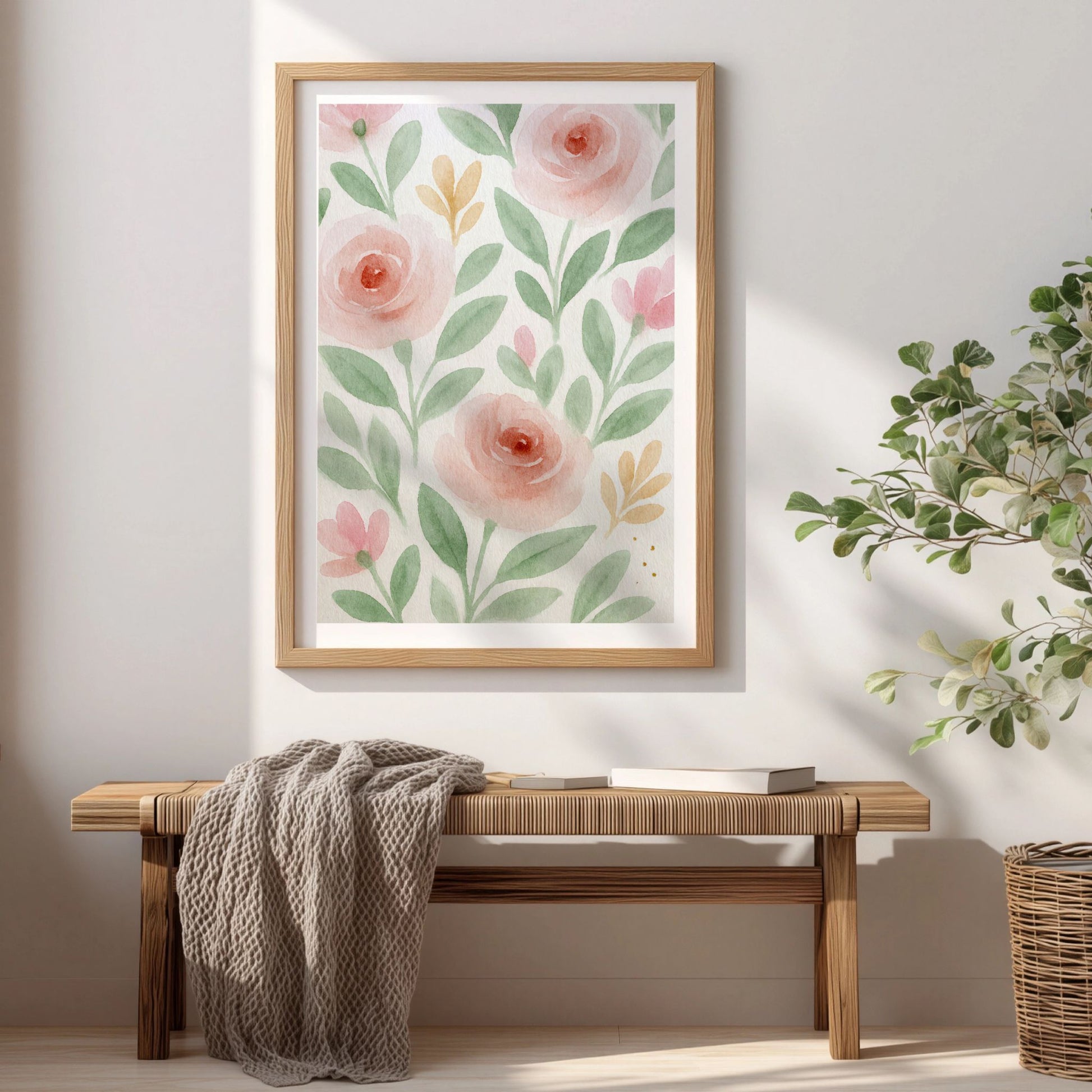 Spring Bloom Blush Garden blomsterplakat med akvarellblomster i rosa og grønne blader