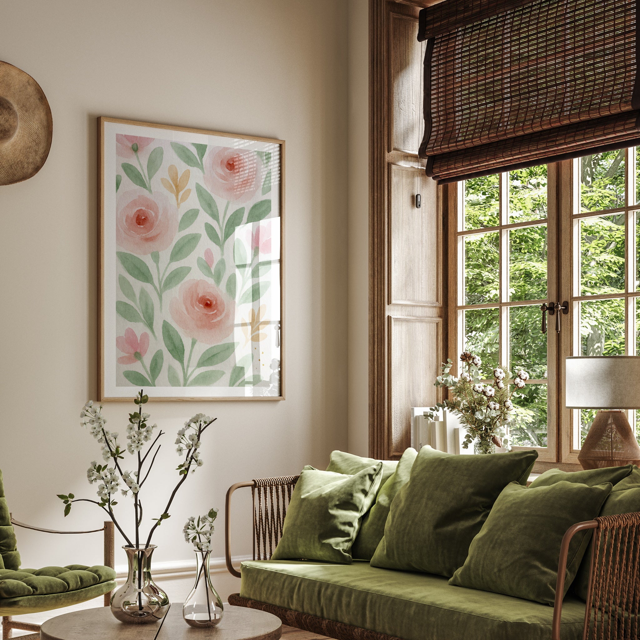 Spring Bloom Blush Garden blomsterplakat med akvarellblomster i rosa og grønne blader  en stue