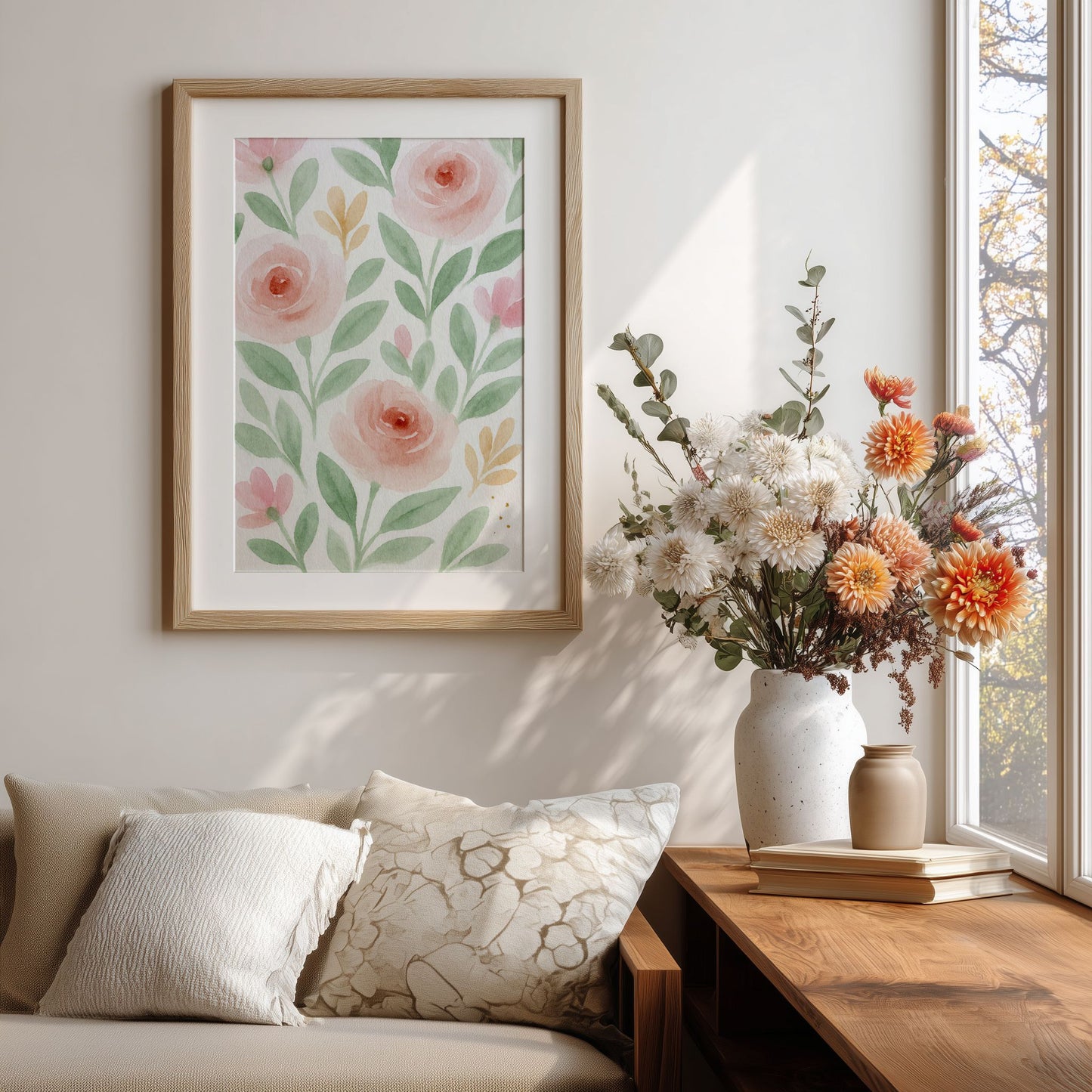 Spring Bloom Blush Garden blomsterplakat på vegg i lys stue med blomster i vase