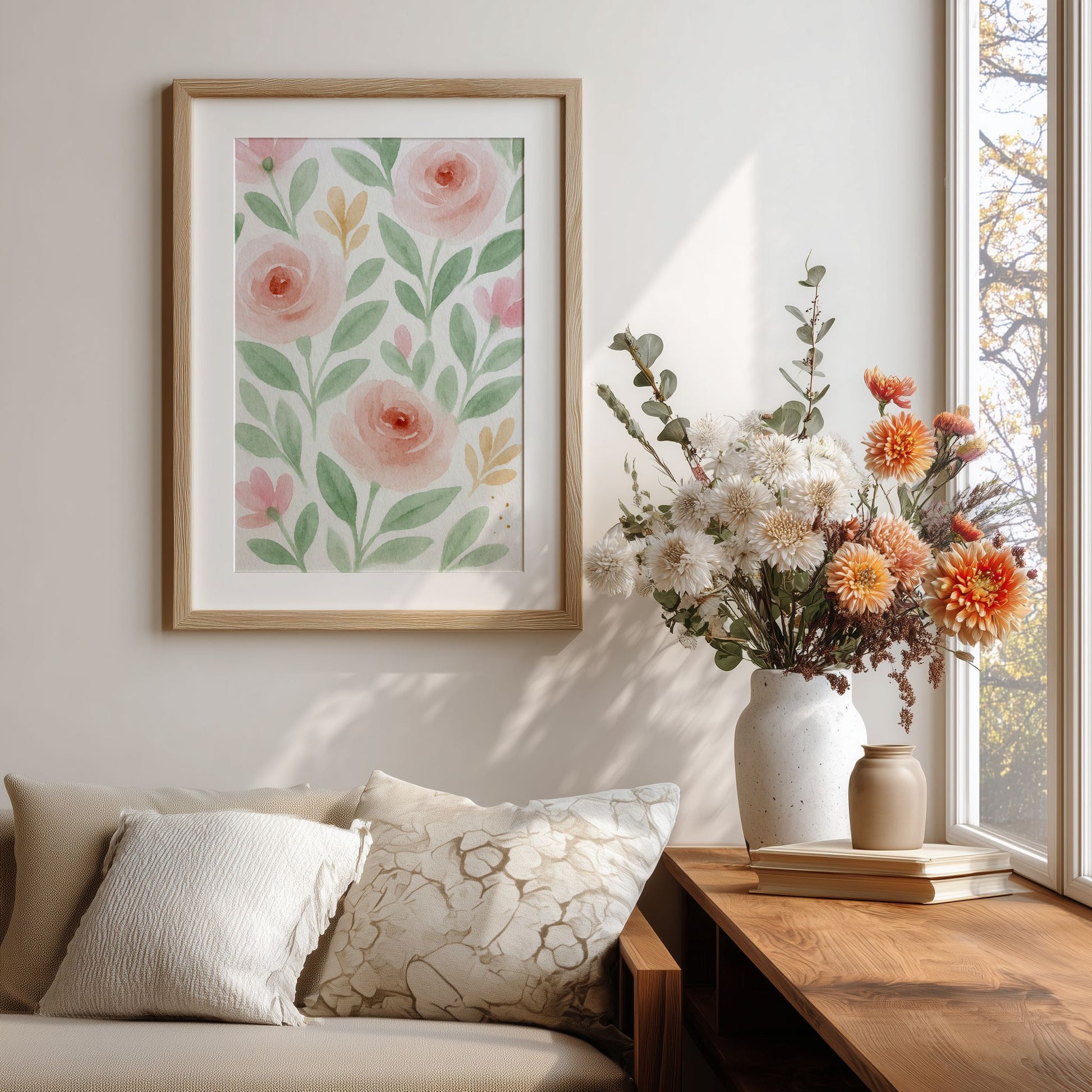 Spring Bloom Blush Garden blomsterplakat på vegg i lys stue med blomster i vase