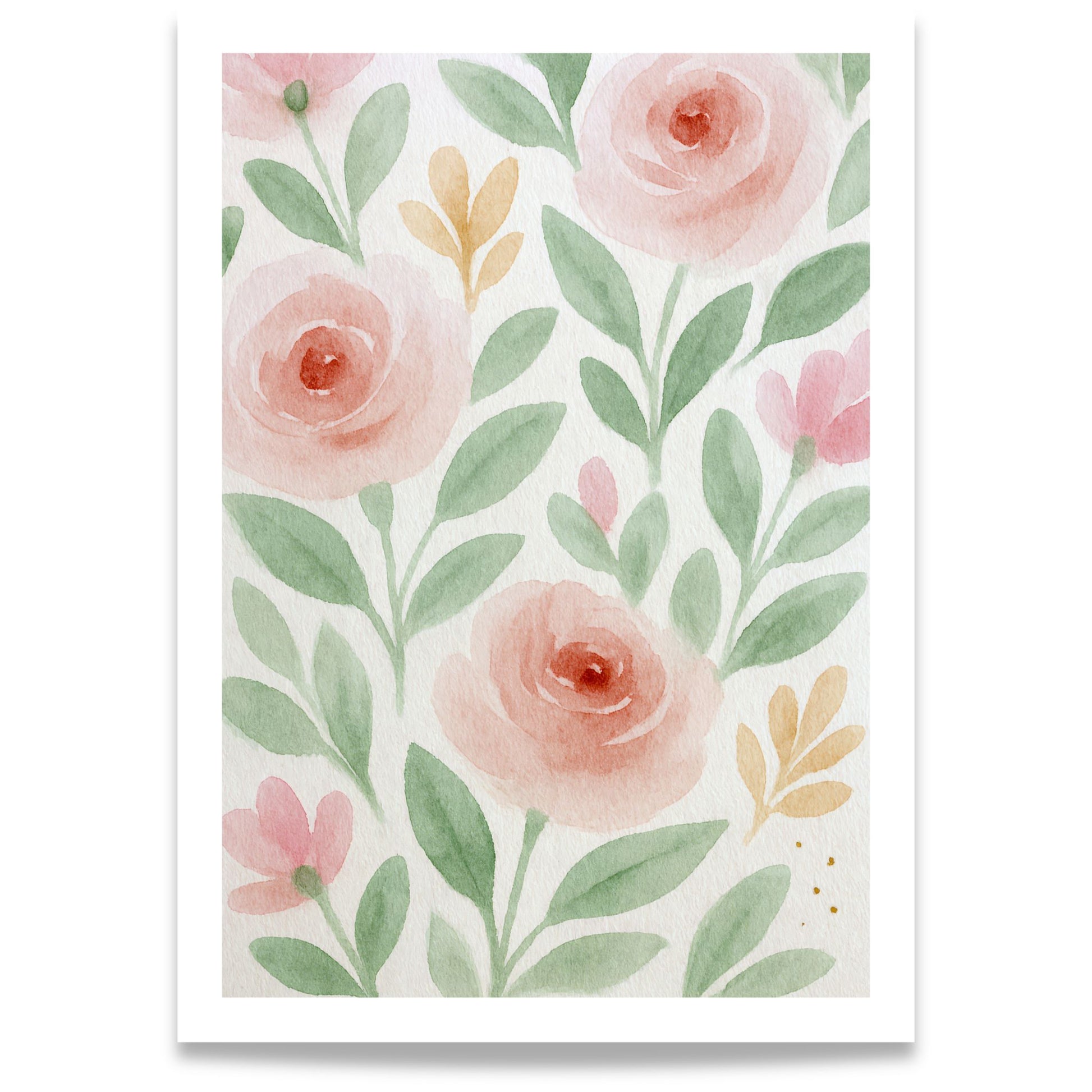 Spring Bloom Blush Garden botanisk blomsterplakat med rosa akvarellblomster og grønne blader