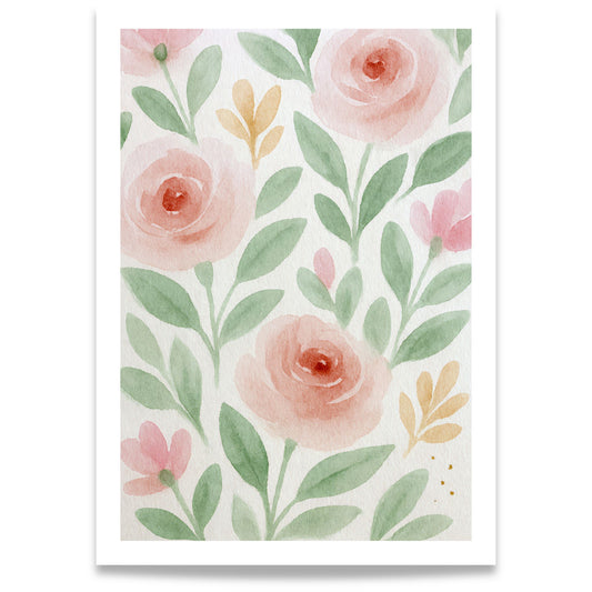 Spring Bloom Blush Garden botanisk blomsterplakat med rosa akvarellblomster og grønne blader