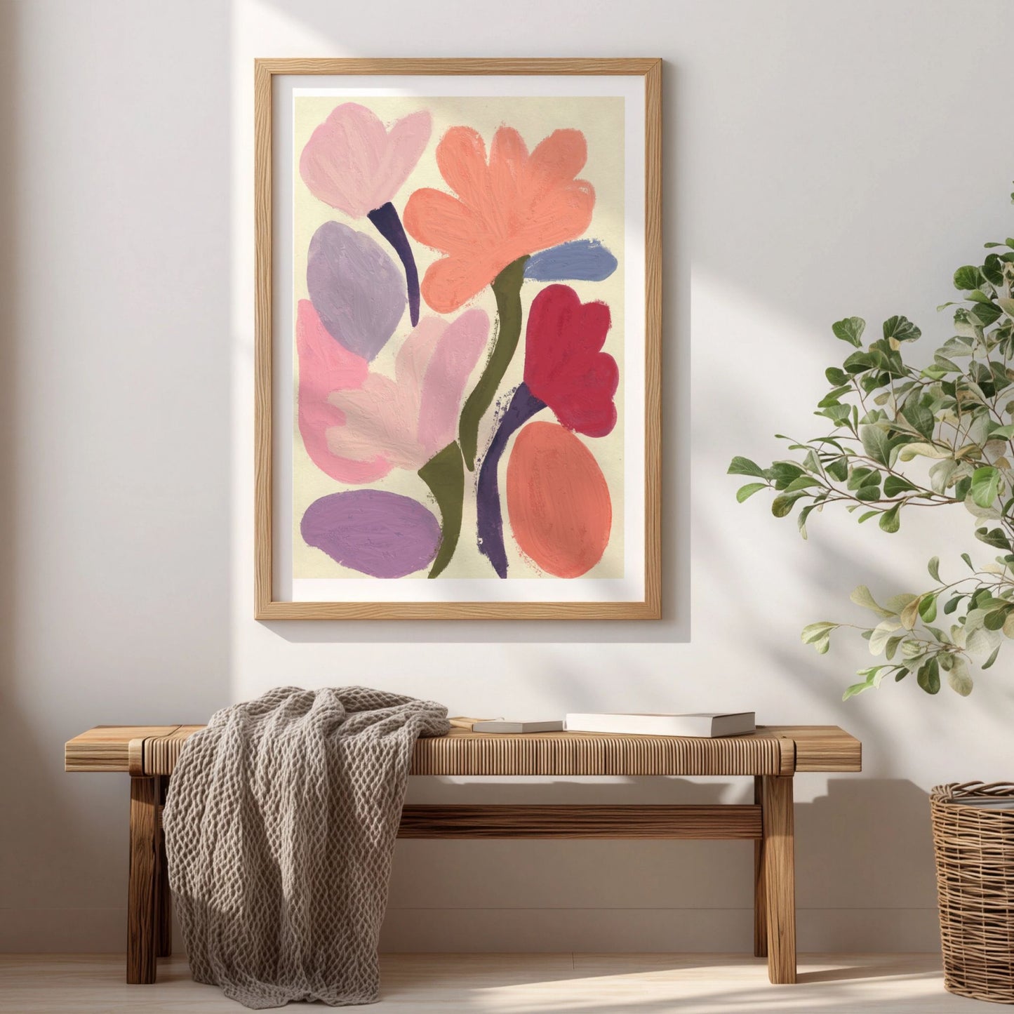 Spring Bloom Pastel Meadow blomsterplakat med abstrakte blomster i rosa og pastellfarger