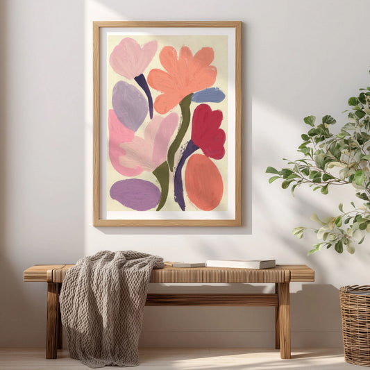 Spring Bloom Pastel Meadow blomsterplakat med abstrakte blomster i rosa og pastellfarger