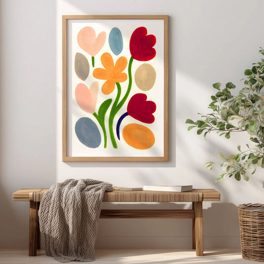 Spring Bloom Playful Meadow blomsterplakat med fargerike stiliserte blomster