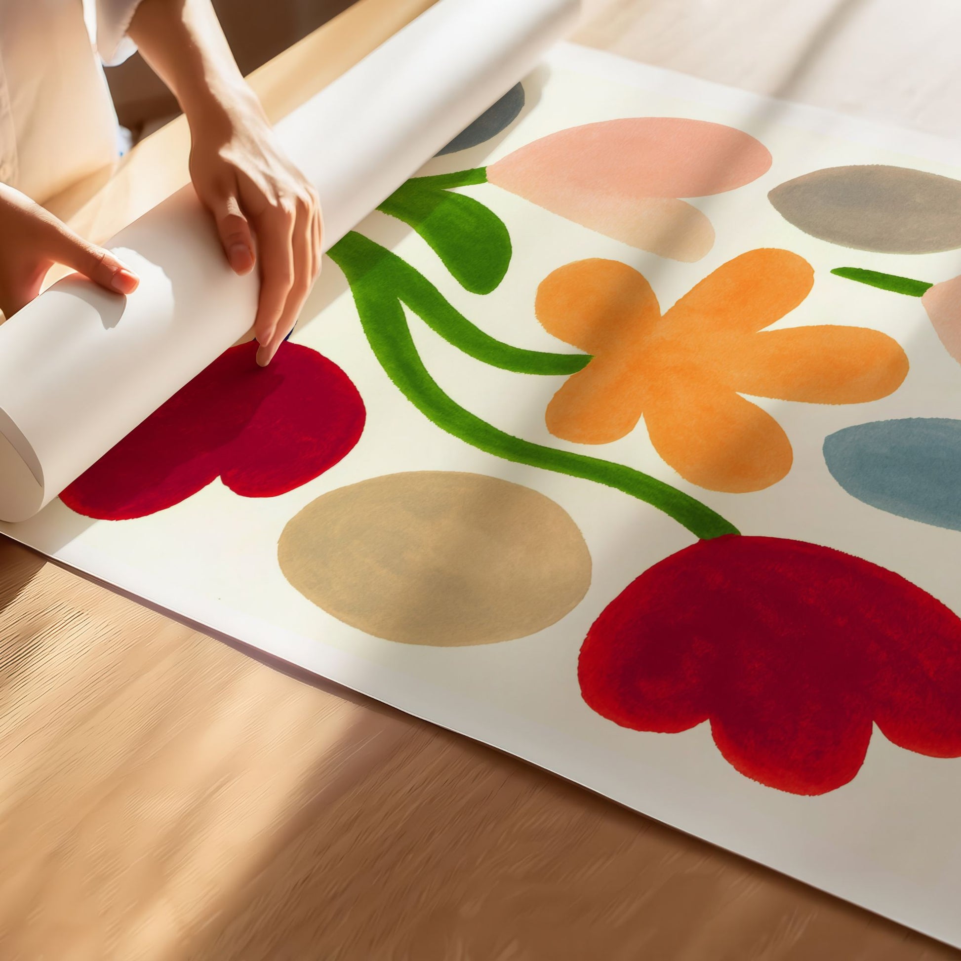 Detaljbilde av Spring Bloom Playful Meadow kunstplakat med stiliserte blomster i sterke farger