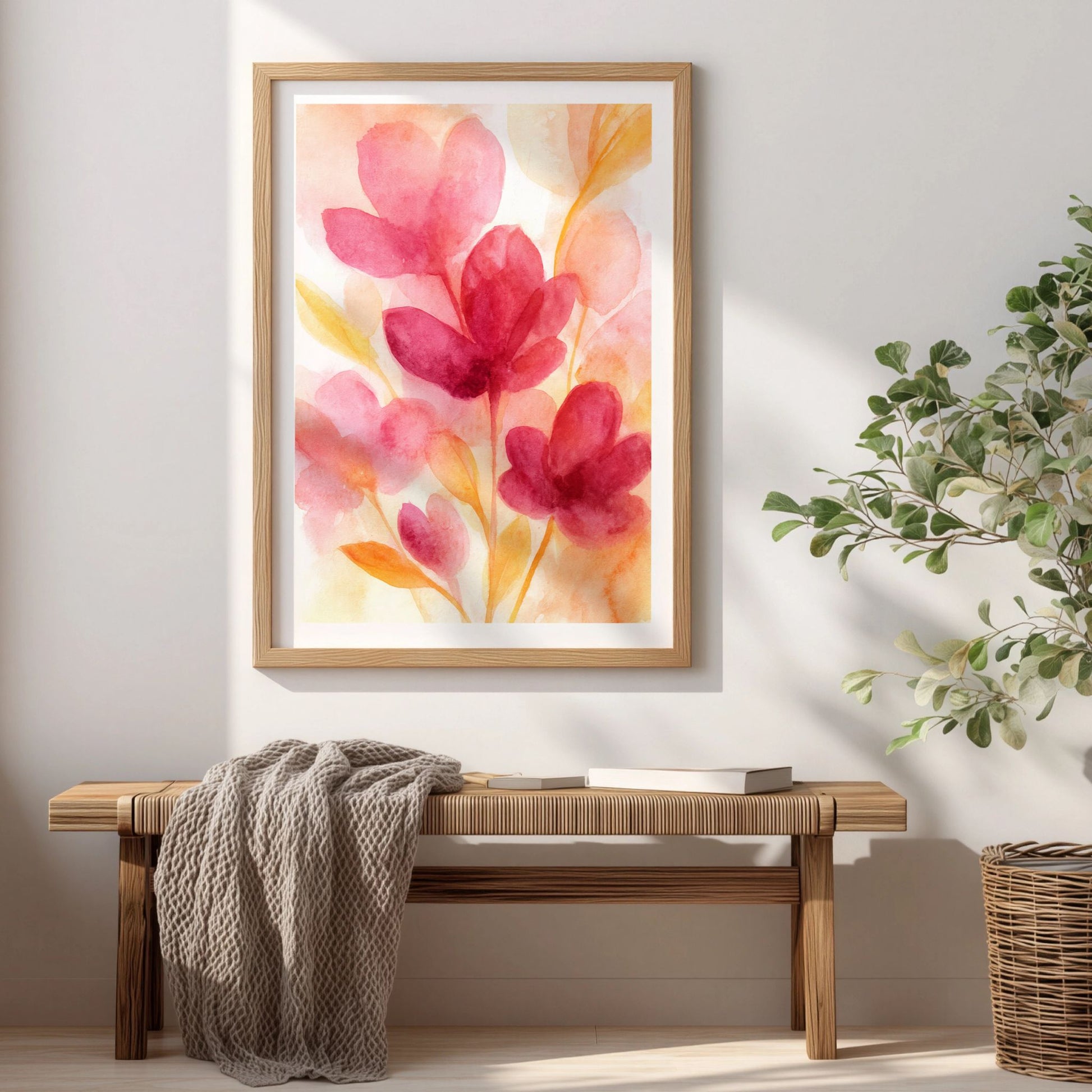 Spring Bloom Sunset Blossom blomsterplakat med akvarellblomster i rosa og gyldne toner
