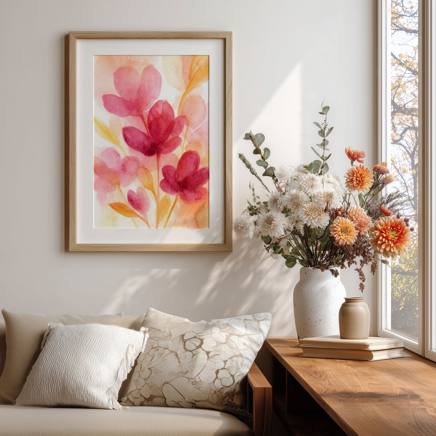 Spring Bloom Sunset Blossom blomsterplakat på vegg i lys stue med blomster og naturlig lys
