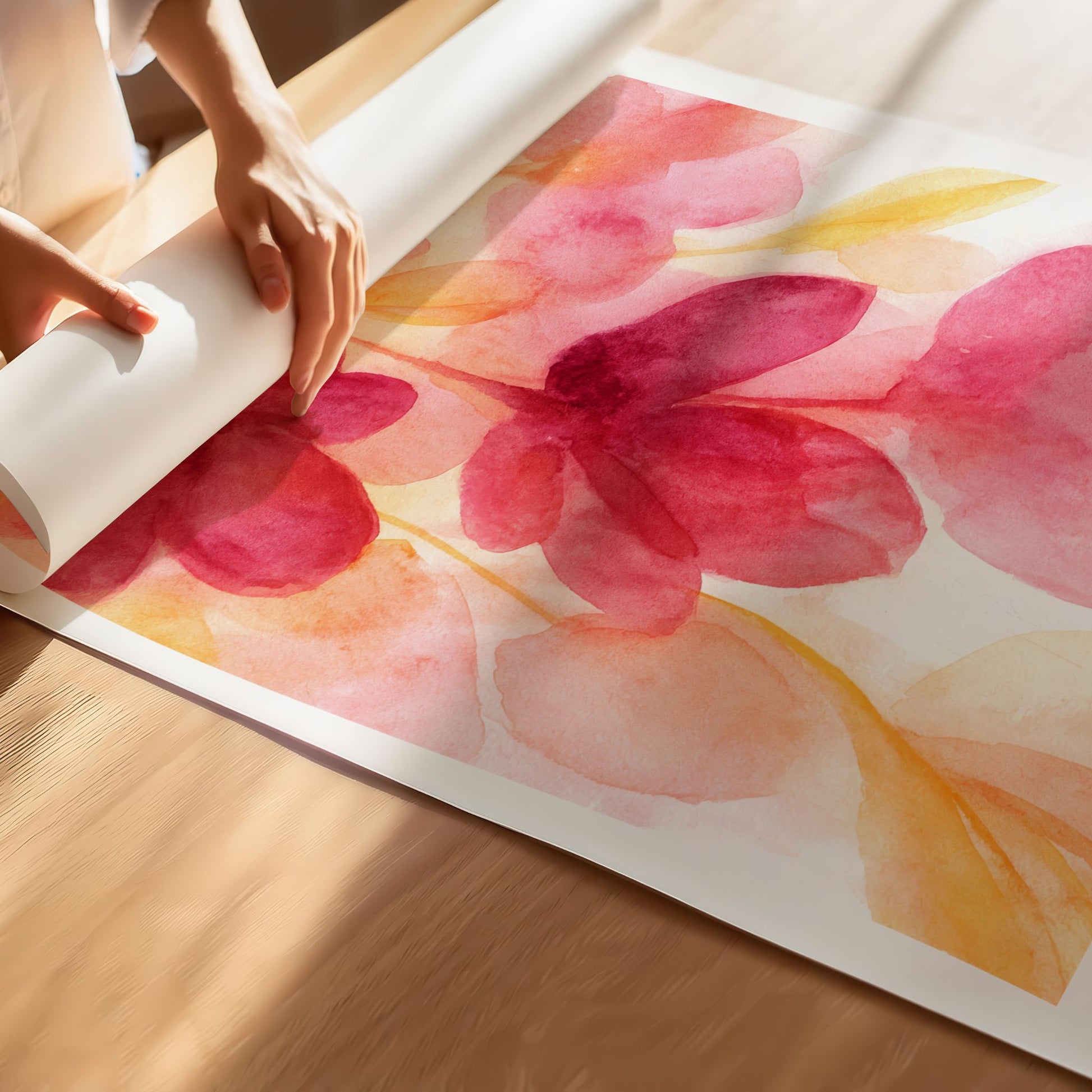 Detaljbilde av Spring Bloom Sunset Blossom kunstplakat med akvarellblomster i varme vårfarger