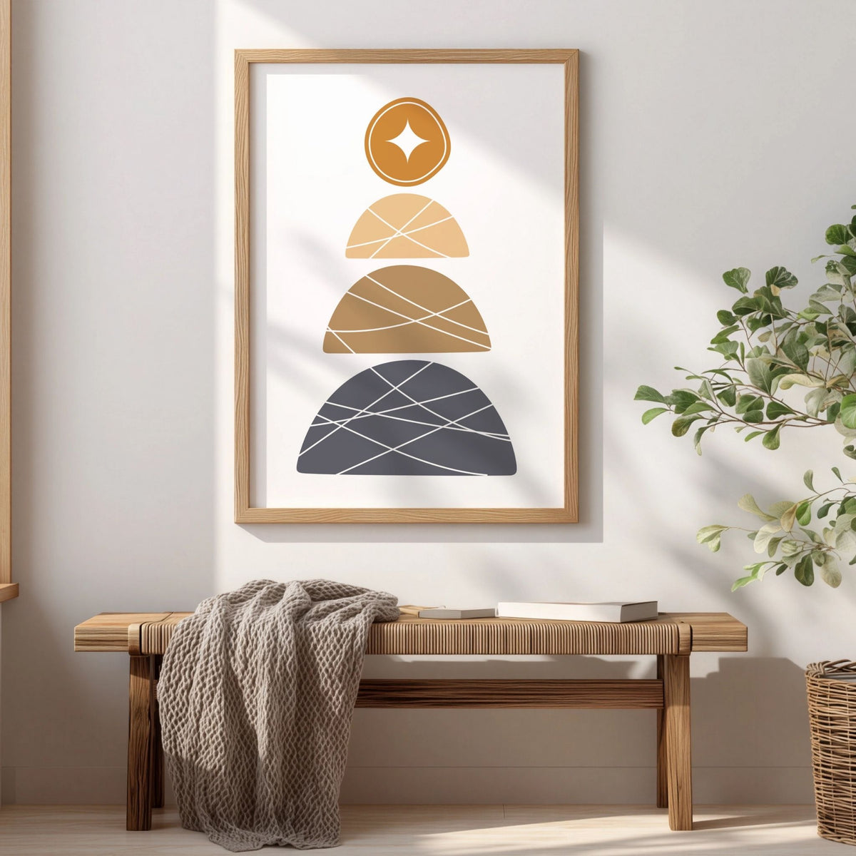 Stacked Horizons minimalistisk boho-plakat i eikeramme over trebenk i lyst interiør