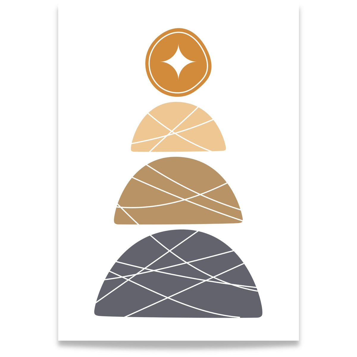 Stacked Horizons grafisk Boho Wall Art-plakat med stablede geometriske former i varme jordtoner og dempet grått