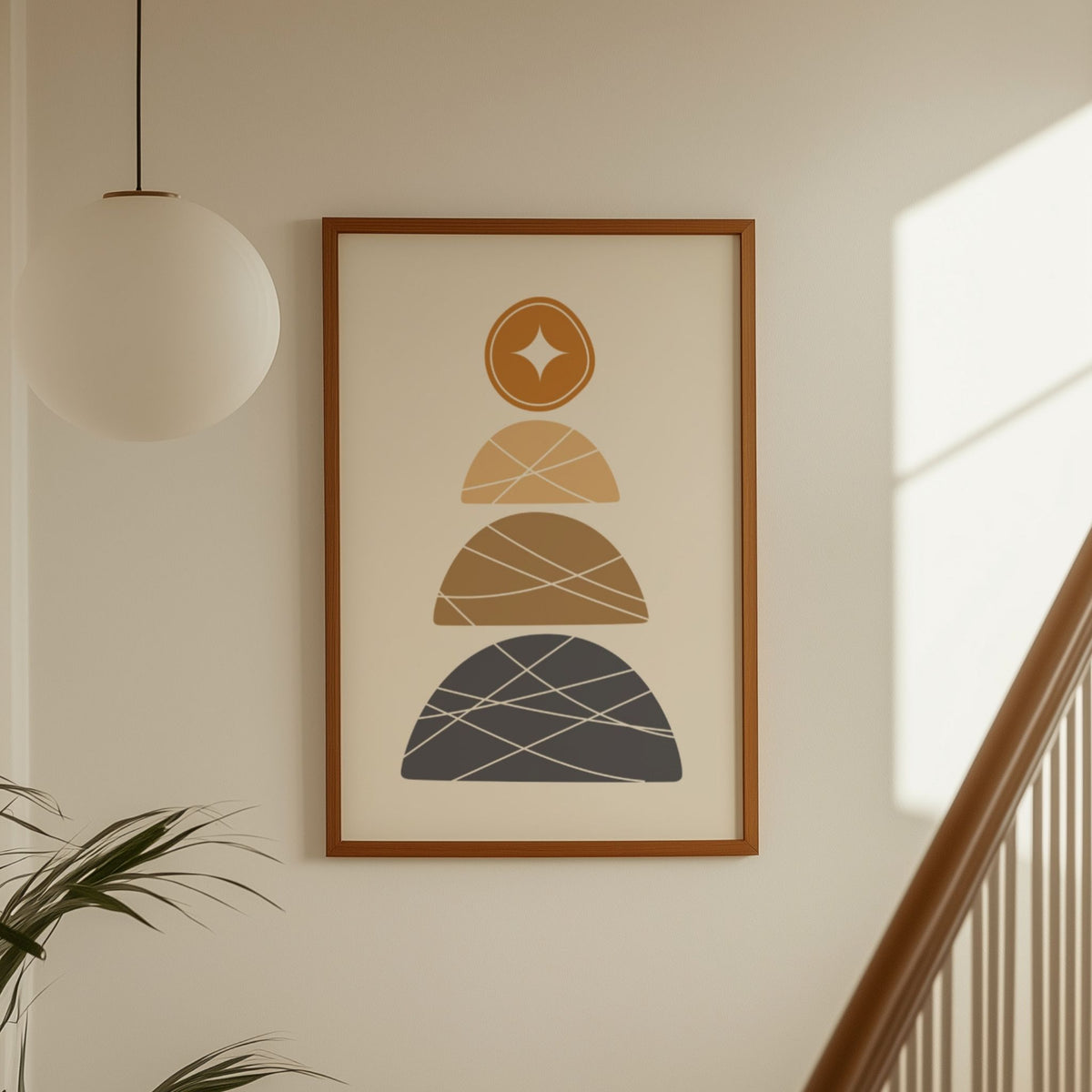 Stacked Horizons grafisk plakat med geometriske former ved trapp i varmt, minimalistisk interiør