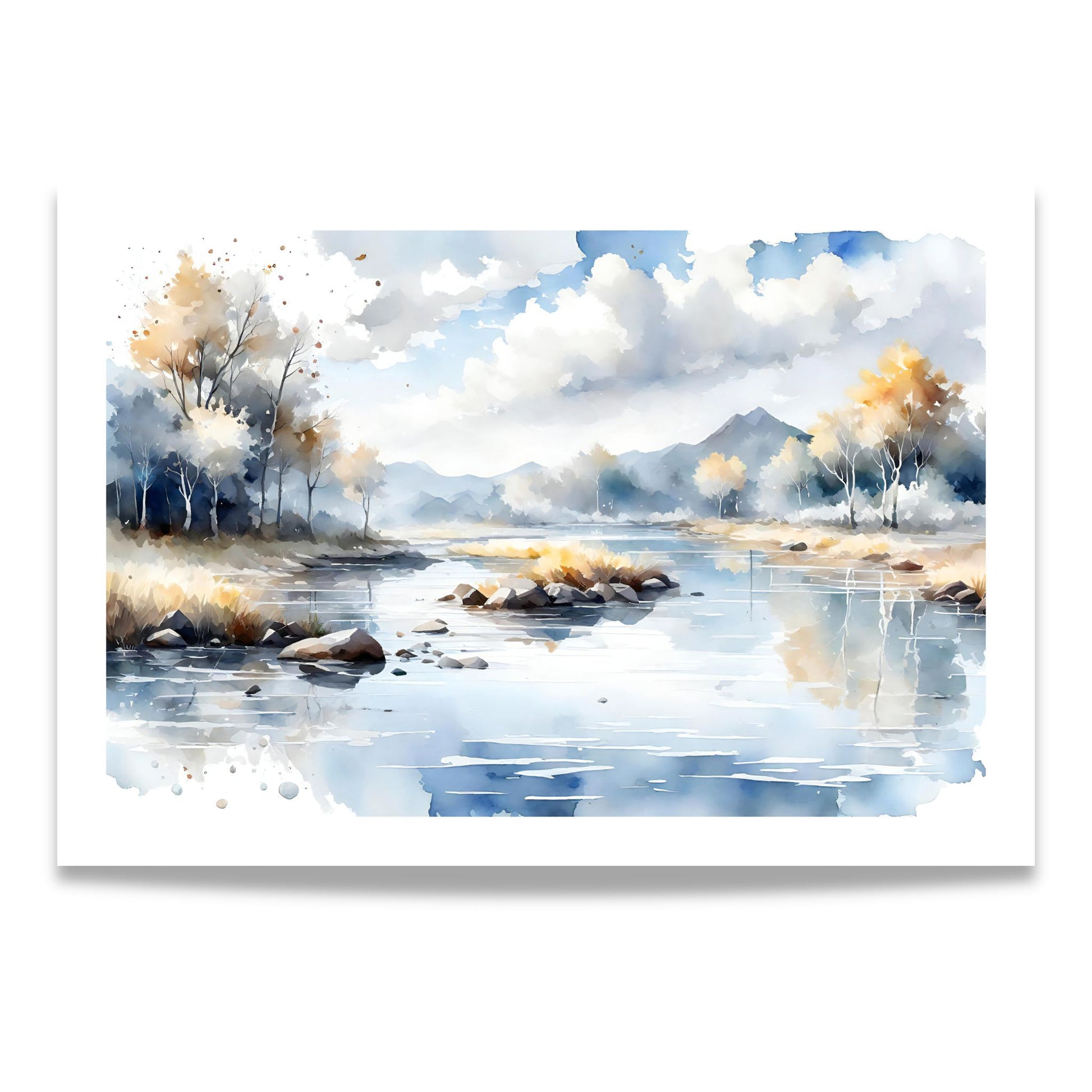 Still Lake Light horisontal plakat med stille innsjølandskap i myke akvarelltoner
