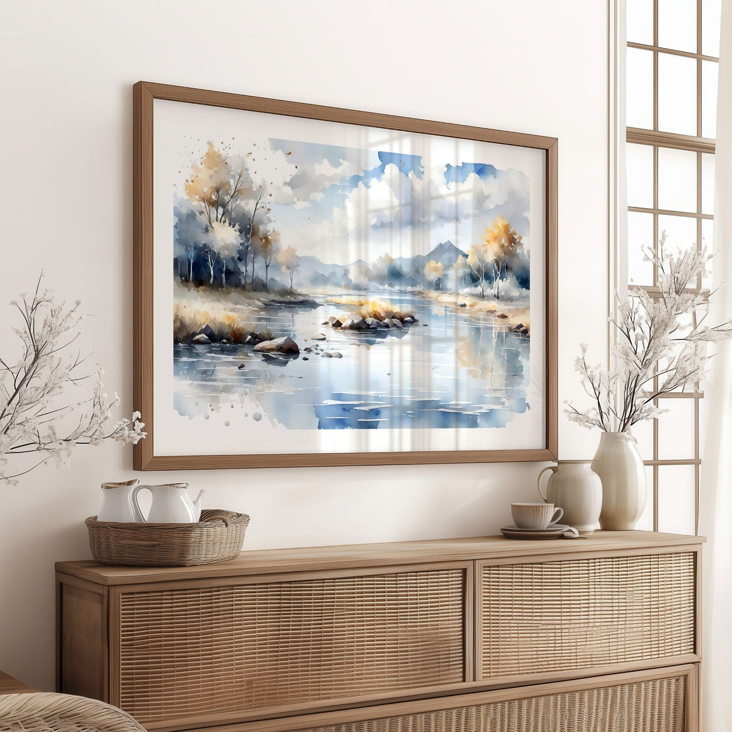Still Lake Light horisontal plakat over skjenk i lyst nordisk interiør