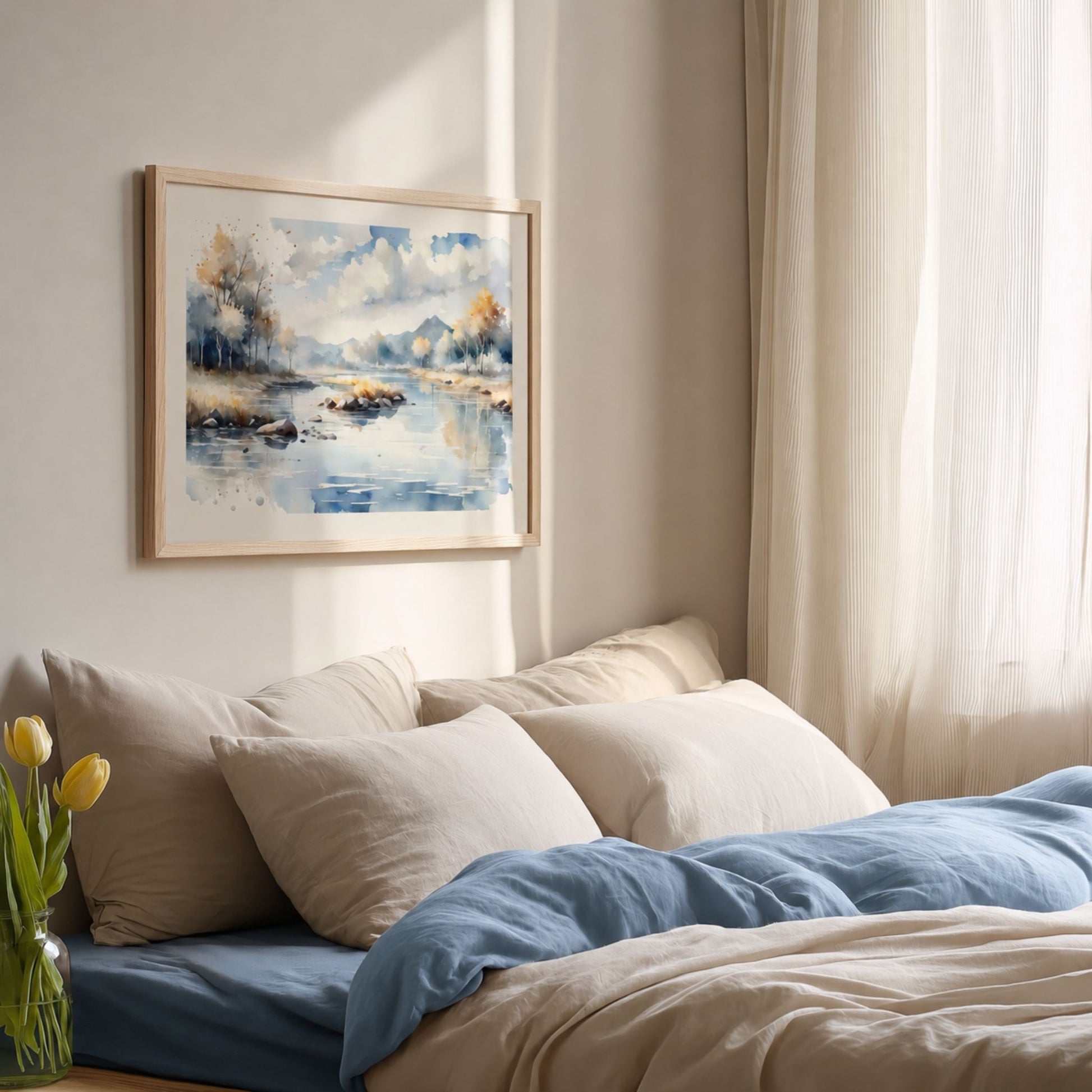 Still Lake Light horisontal plakat over seng i rolig nordisk soverom