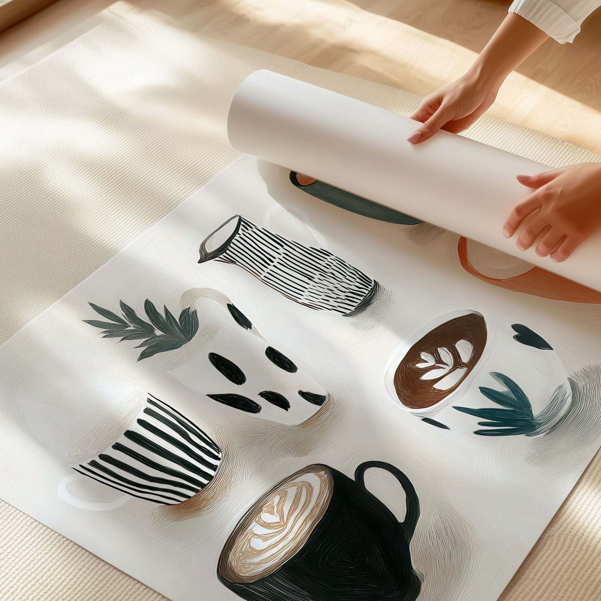 Stilren plakat med kaffekopper og keramikk i varme jordtoner og rolig uttrykk fra serien Still Life & Everyday Calm. Detalj av print.