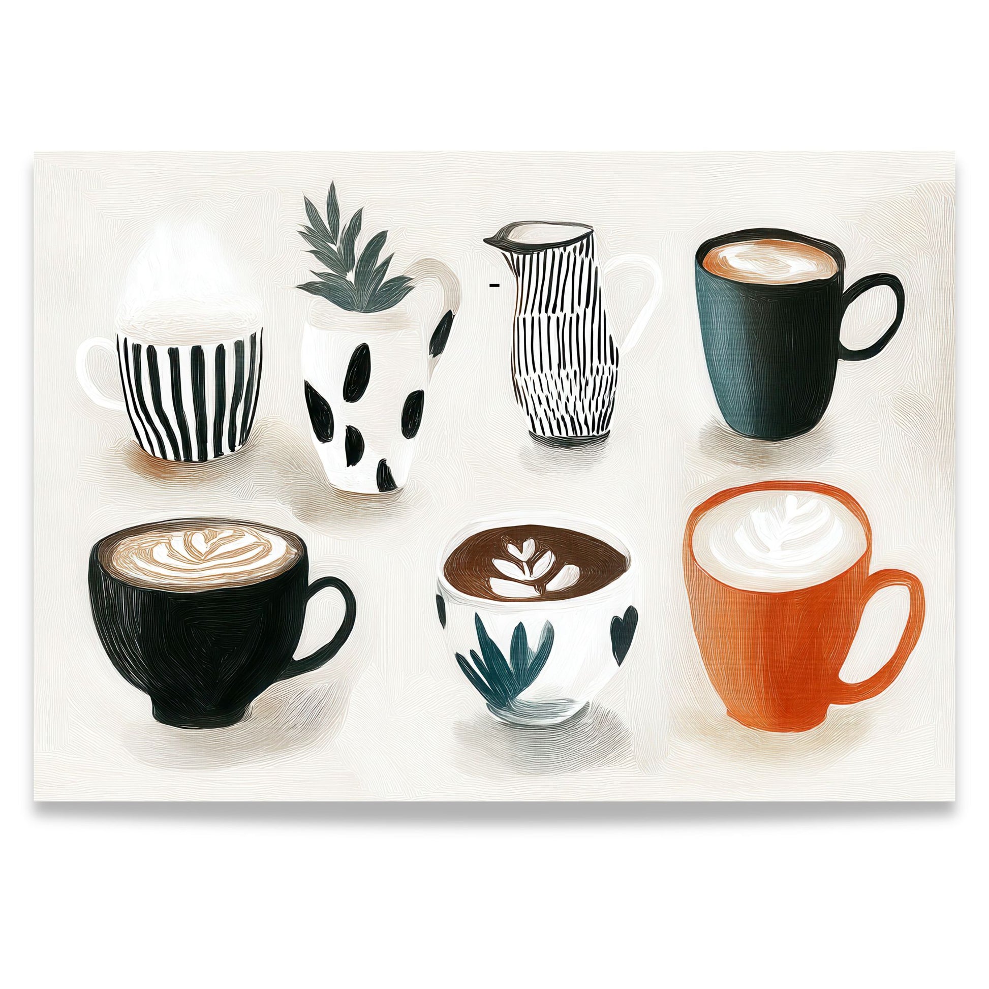 Stilren plakat med kaffekopper og keramikk i varme jordtoner og rolig uttrykk fra serien Still Life & Everyday Calm