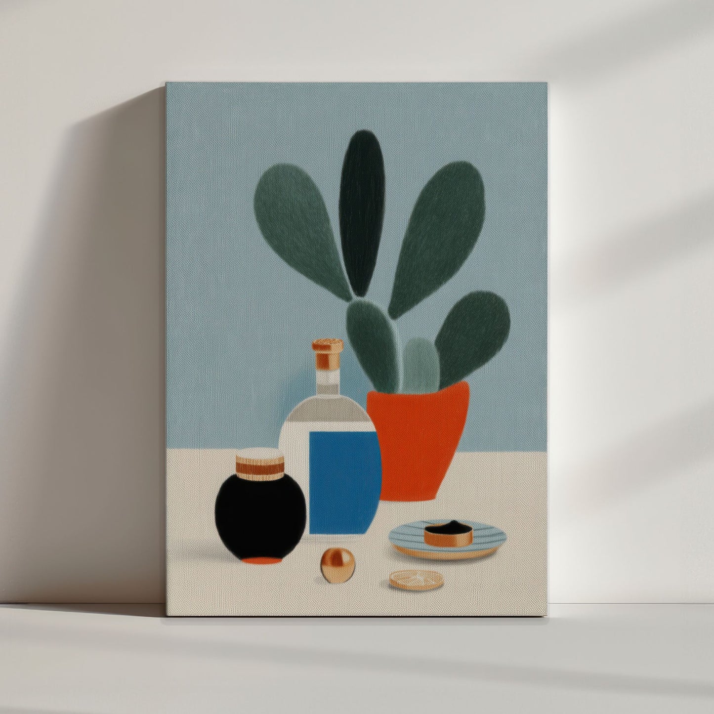 Stilren illustrasjon med stilleben i rolige farger fra serien Still Life & Everyday Calm. Miljøbilde viser motiv på lerret.