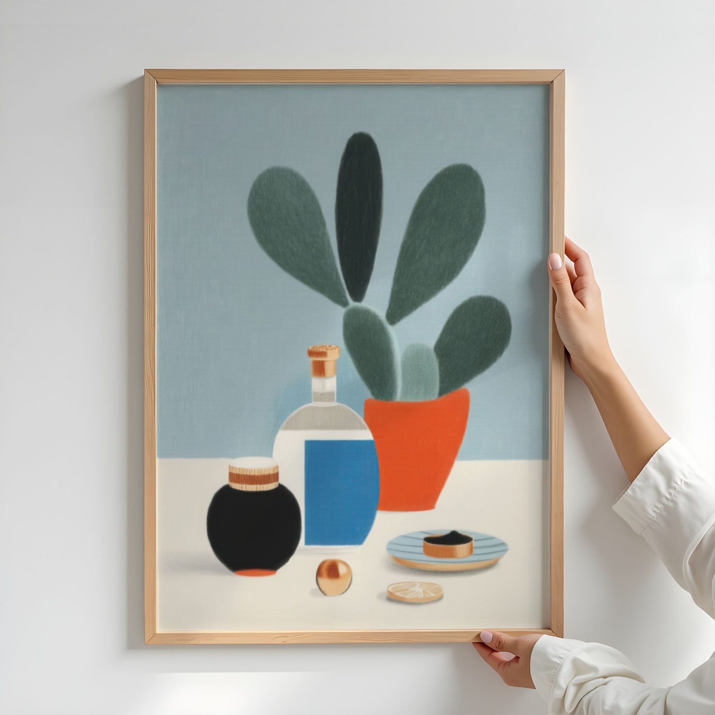 Stilren illustrasjon med stilleben i rolige farger fra serien Still Life & Everyday Calm. Miljøbilde
