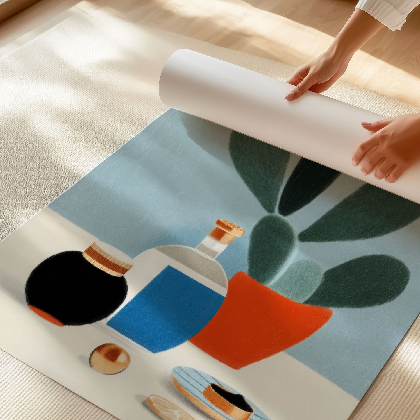 Stilren illustrasjon med stilleben i rolige farger fra serien Still Life & Everyday Calm. Miljøbilde visaer plakat på print.