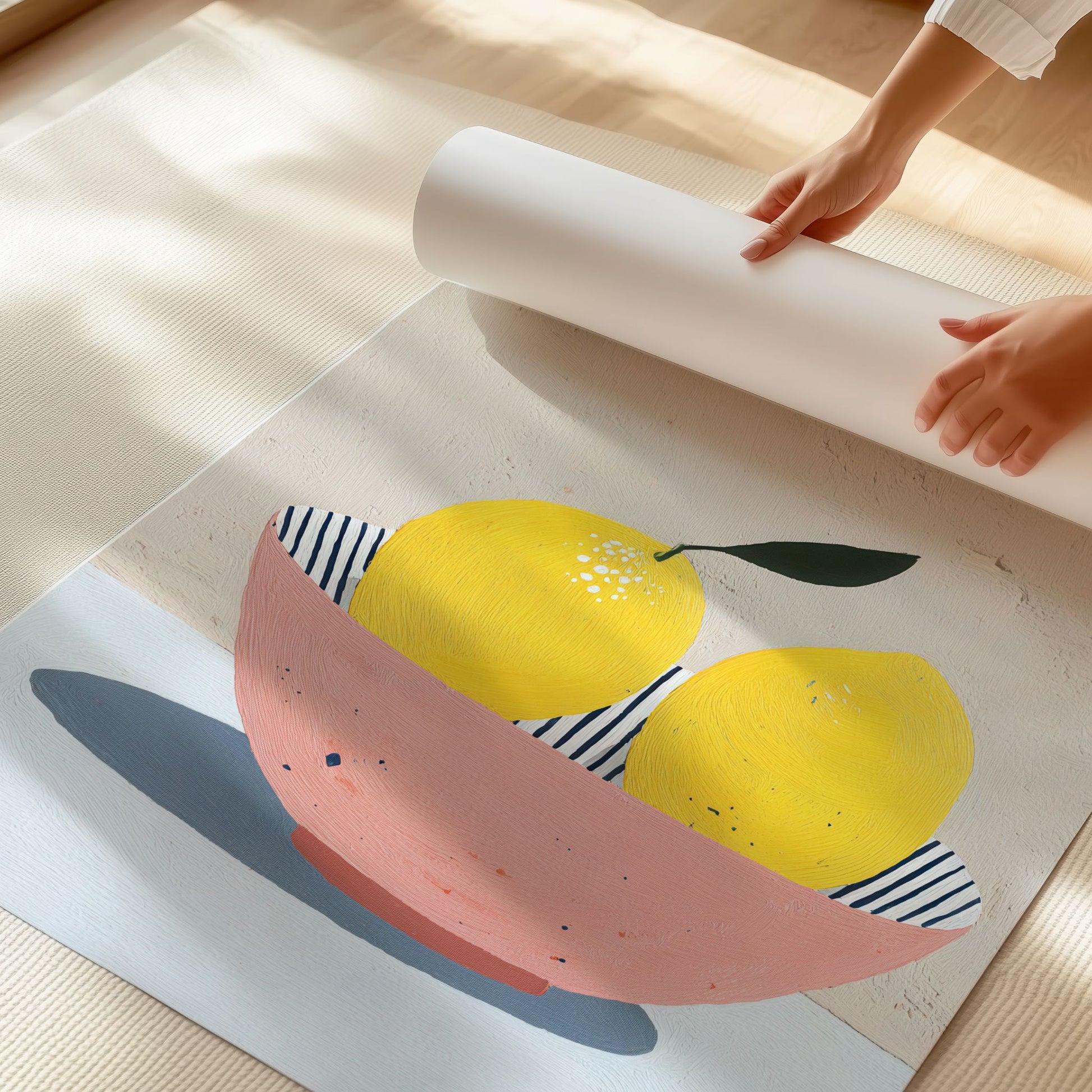 Stilren plakat med sitroner i skål, gjengitt i myke former og rolige farger fra serien Still Life & Everyday Calm. Detalj av print.