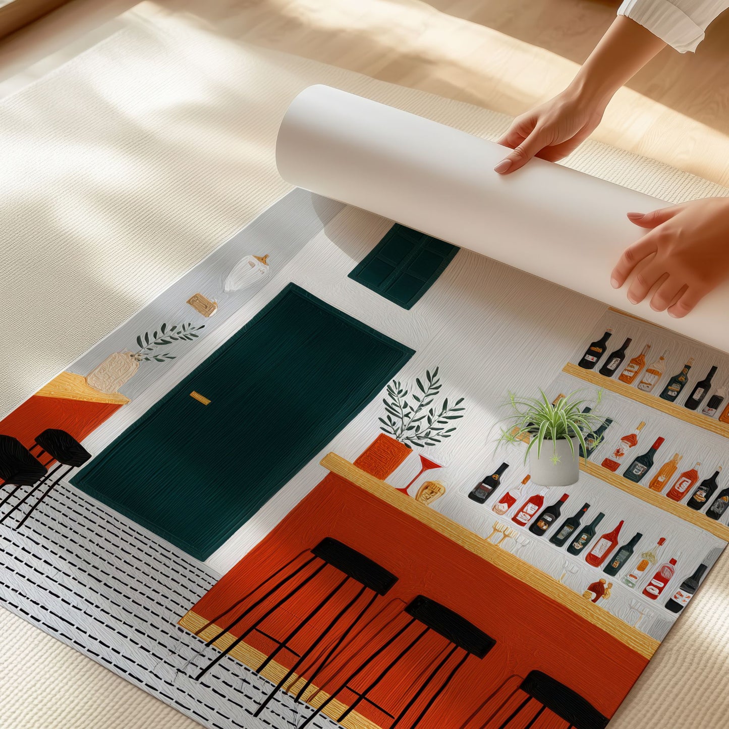 Stilren plakat med moderne barinteriør i varme jordtoner og grafisk uttrykk fra serien Still Life & Everyday Calm. Detalj print.