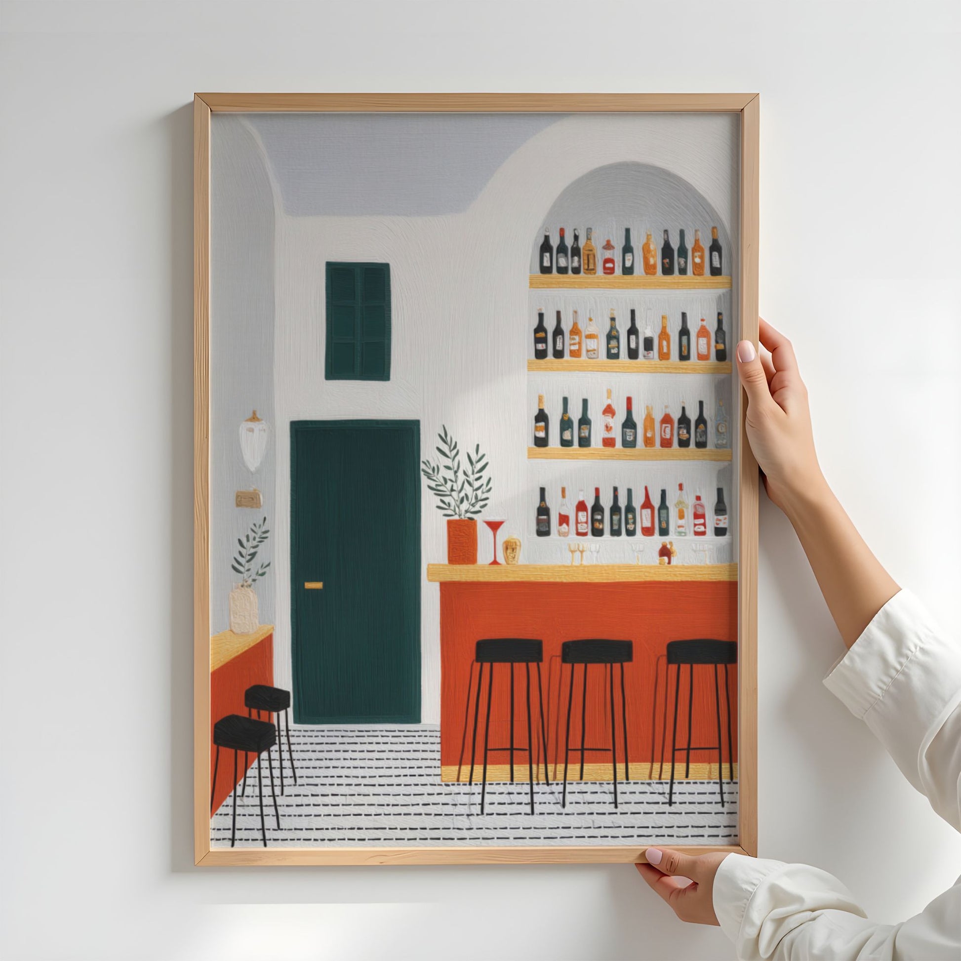 Stilren plakat med moderne barinteriør i varme jordtoner og grafisk uttrykk fra serien Still Life & Everyday Calm. Miljøbilde.