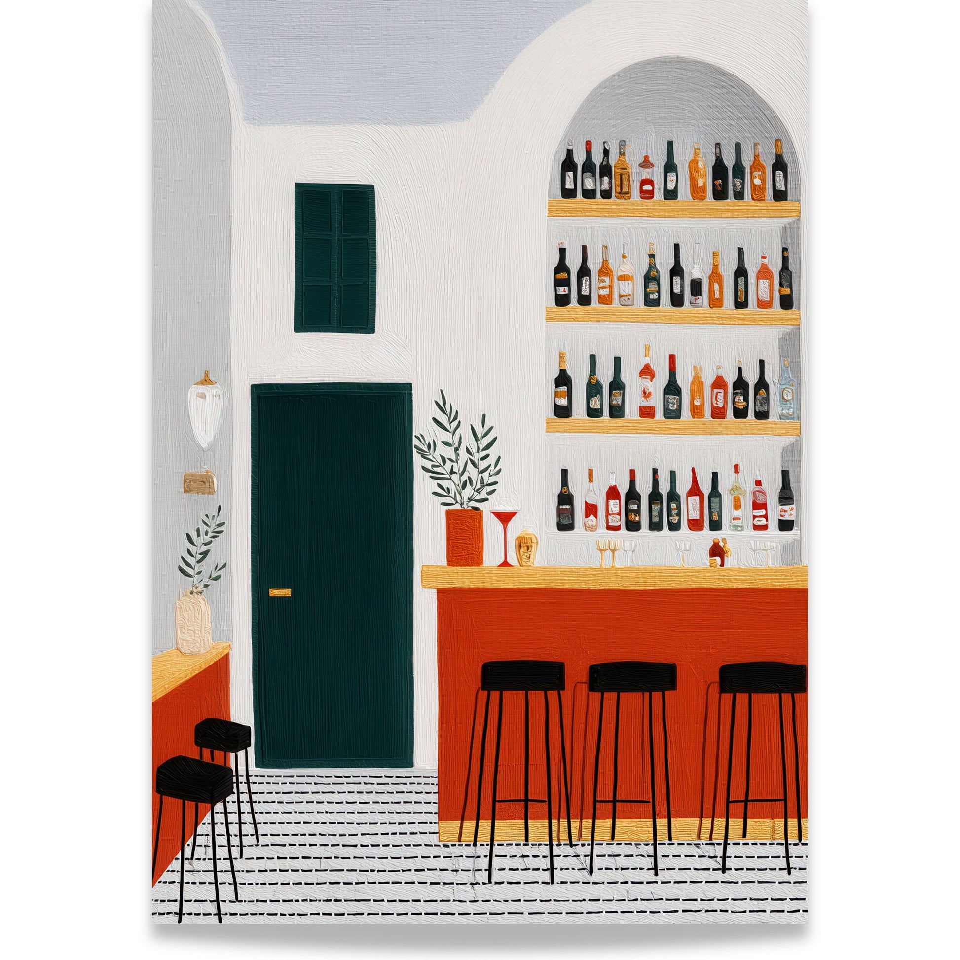 Stilren plakat med moderne barinteriør i varme jordtoner og grafisk uttrykk fra serien Still Life & Everyday Calm
