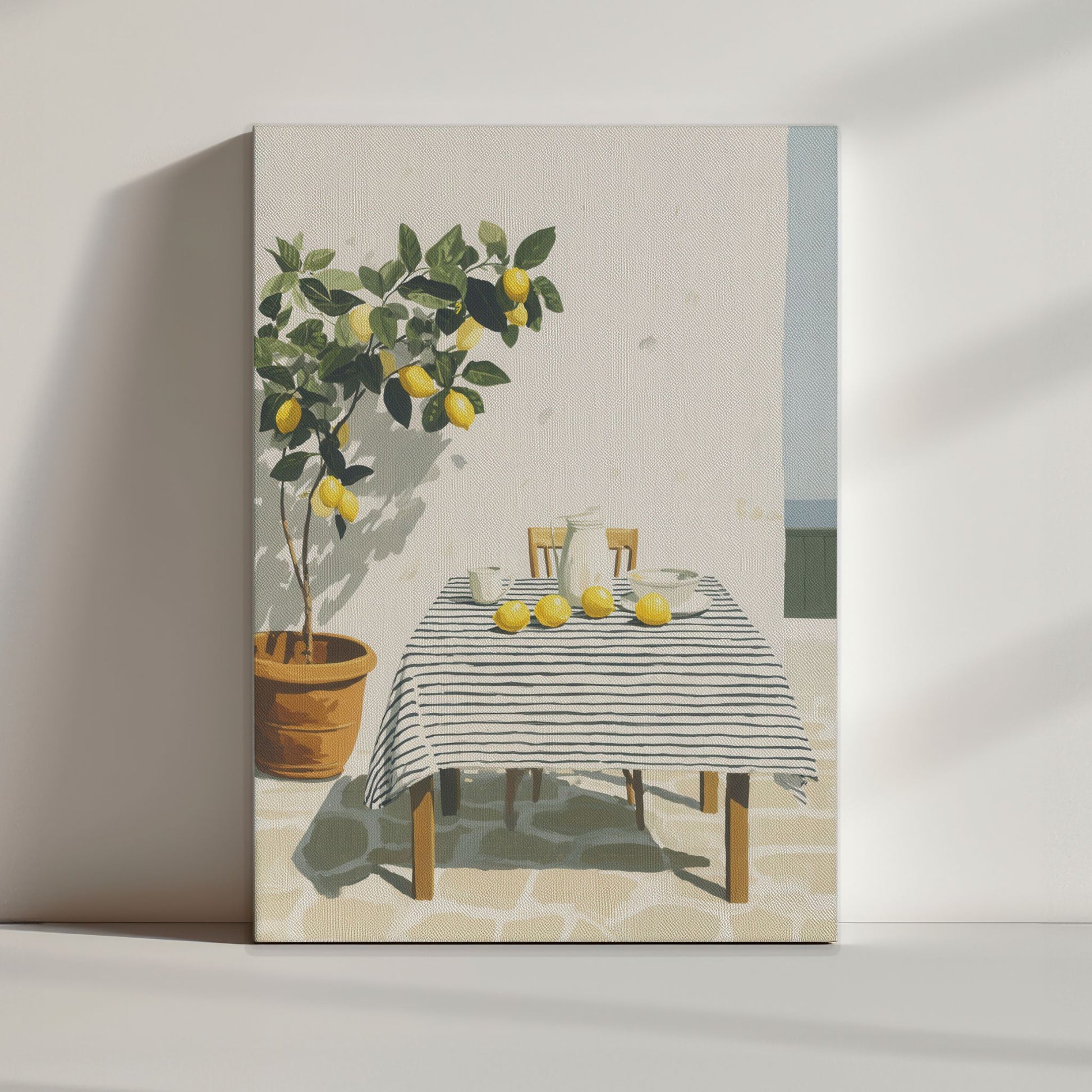 Illustrasjon med sitroner i skål, gjengitt i myke former og rolige farger fra serien Still Life & Everyday Calm. Miljøbilde av motivet på lerret.