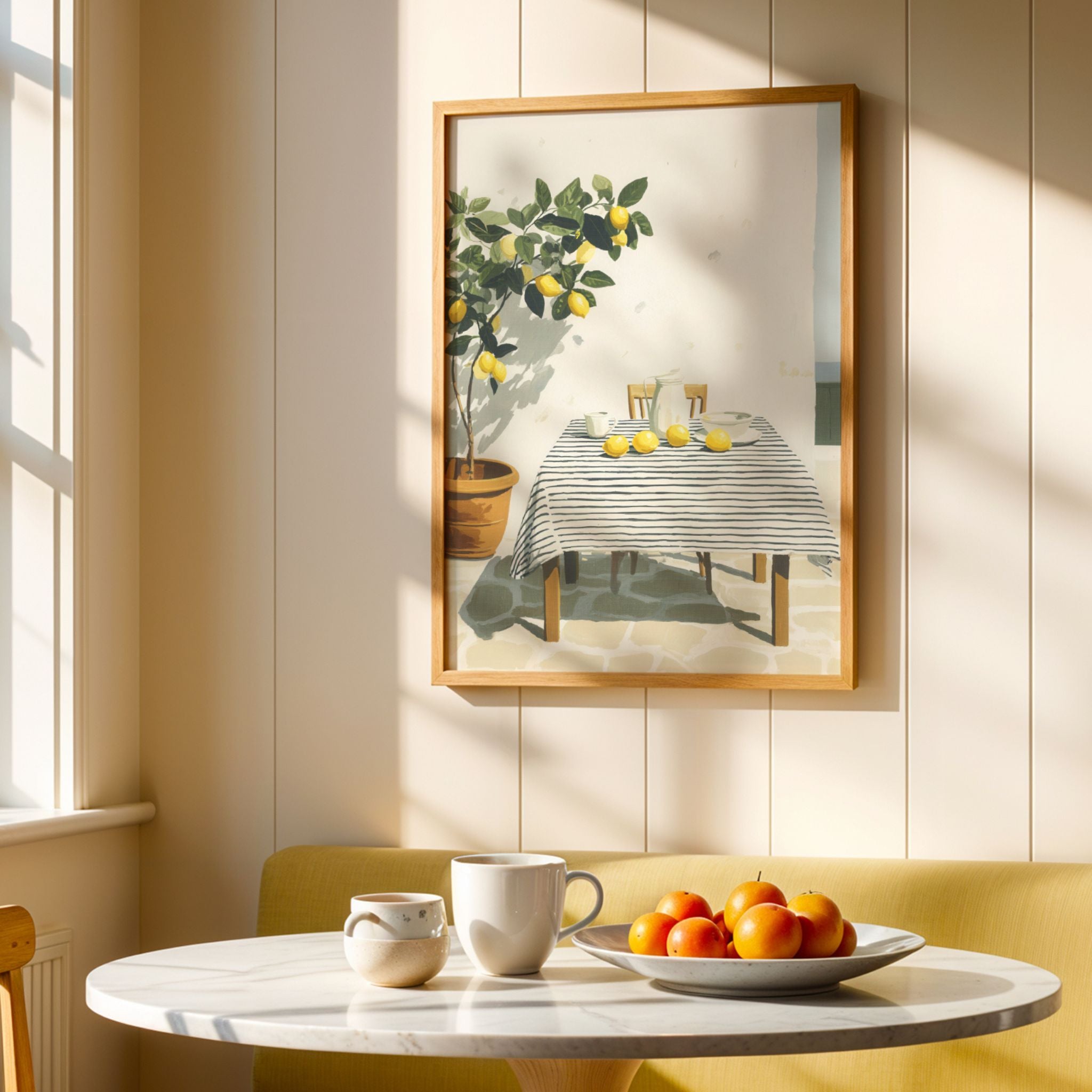 Illustrasjon med sitroner i skål, gjengitt i myke former og rolige farger fra serien Still Life & Everyday Calm. Miljøbilde av plakat i eik ramme.