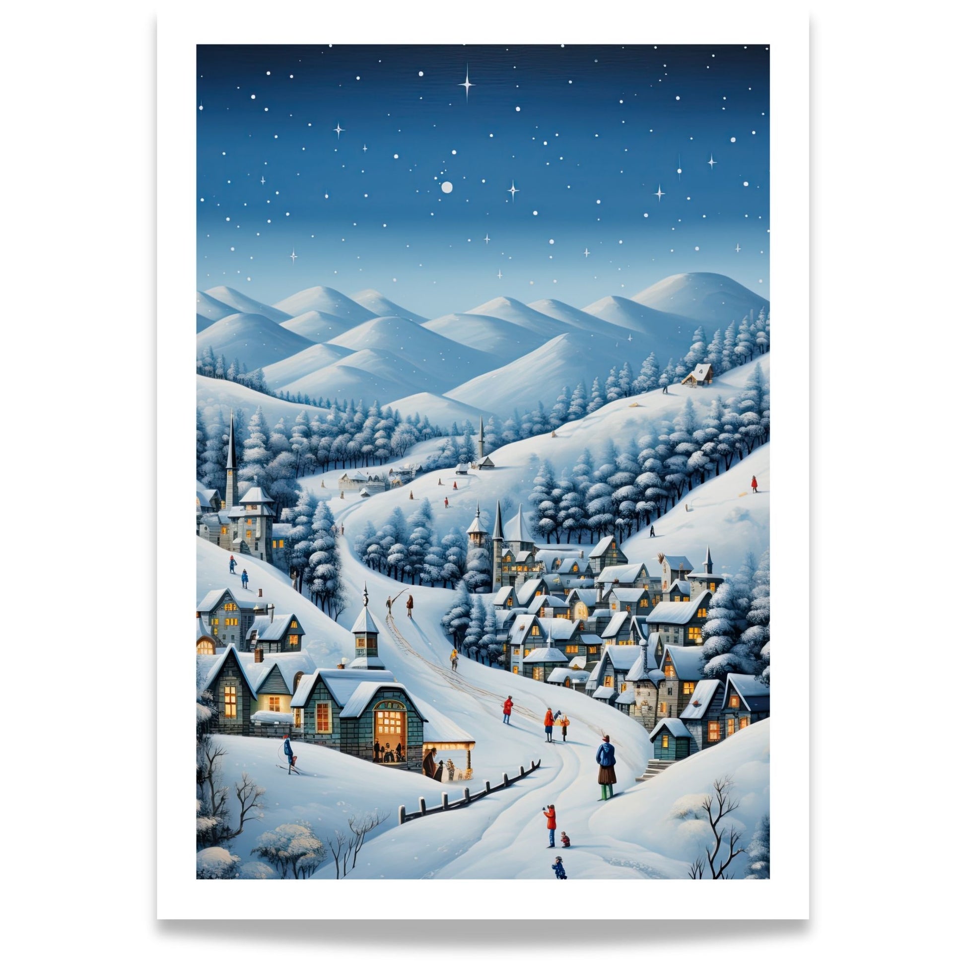 Stjernenatt over Vinterdalen plakat med snødekt landsby, varm belysning og stjernehimmel