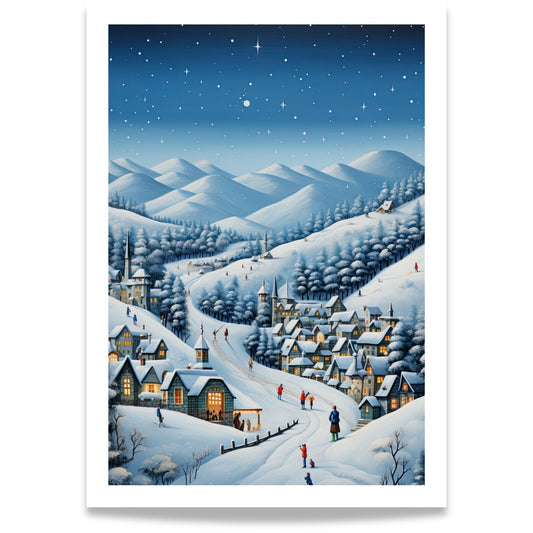 Stjernenatt over Vinterdalen plakat med snødekt landsby, varm belysning og stjernehimmel